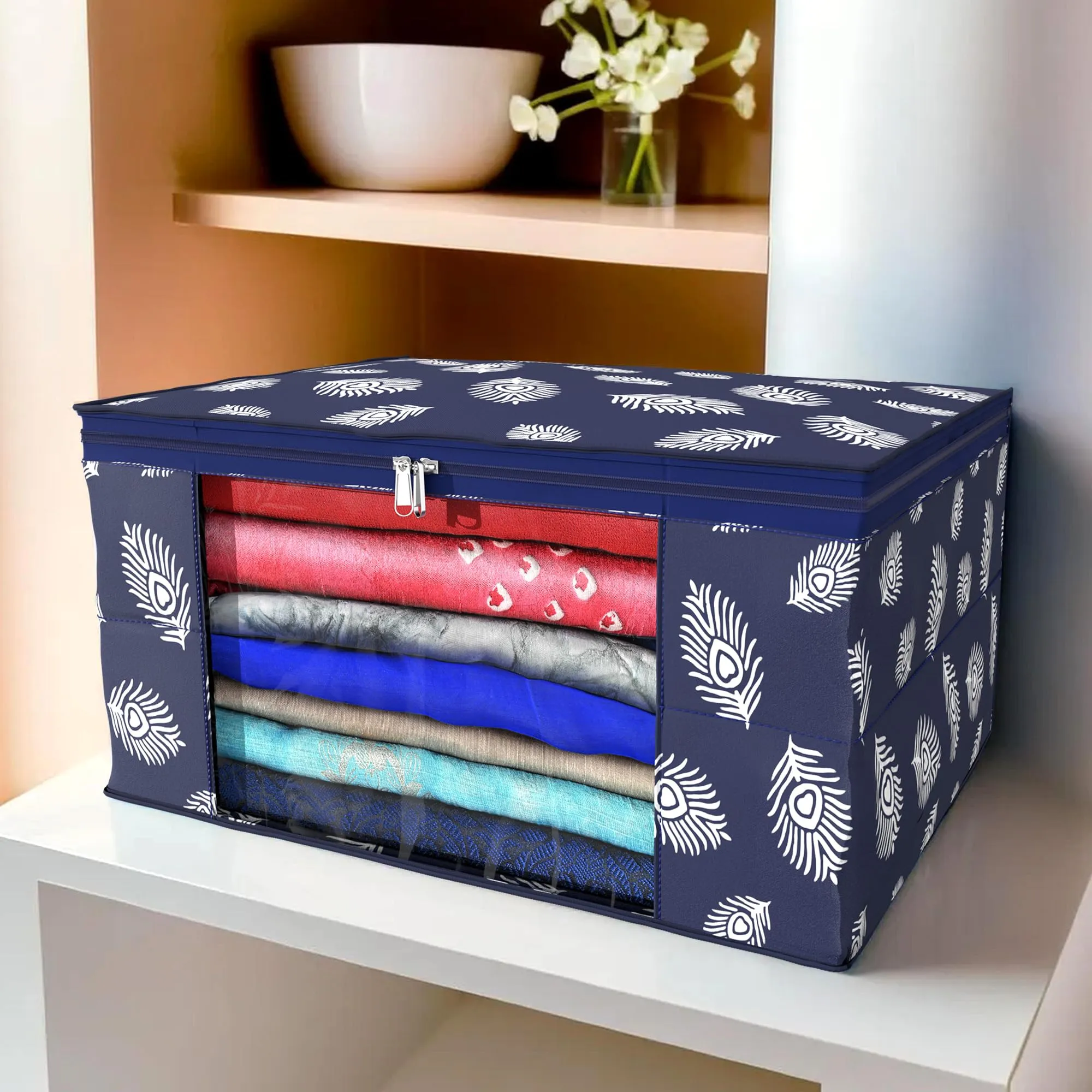 Kuber Industries Saree Cover | Clothes Storage Bag | Storage Organizer Bag | Zip Closure Saree Cover | Wardrobe Organizer | Peacock Feather-Design | 6 Inch | Pack of 3 | Navy Blue