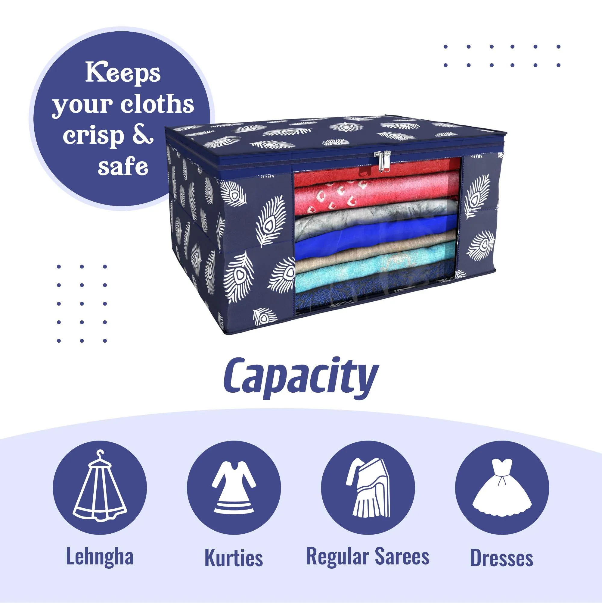 Kuber Industries Saree Cover | Clothes Storage Bag | Storage Organizer Bag | Zip Closure Saree Cover | Wardrobe Organizer | Peacock Feather-Design | 6 Inch | Pack of 3 | Navy Blue