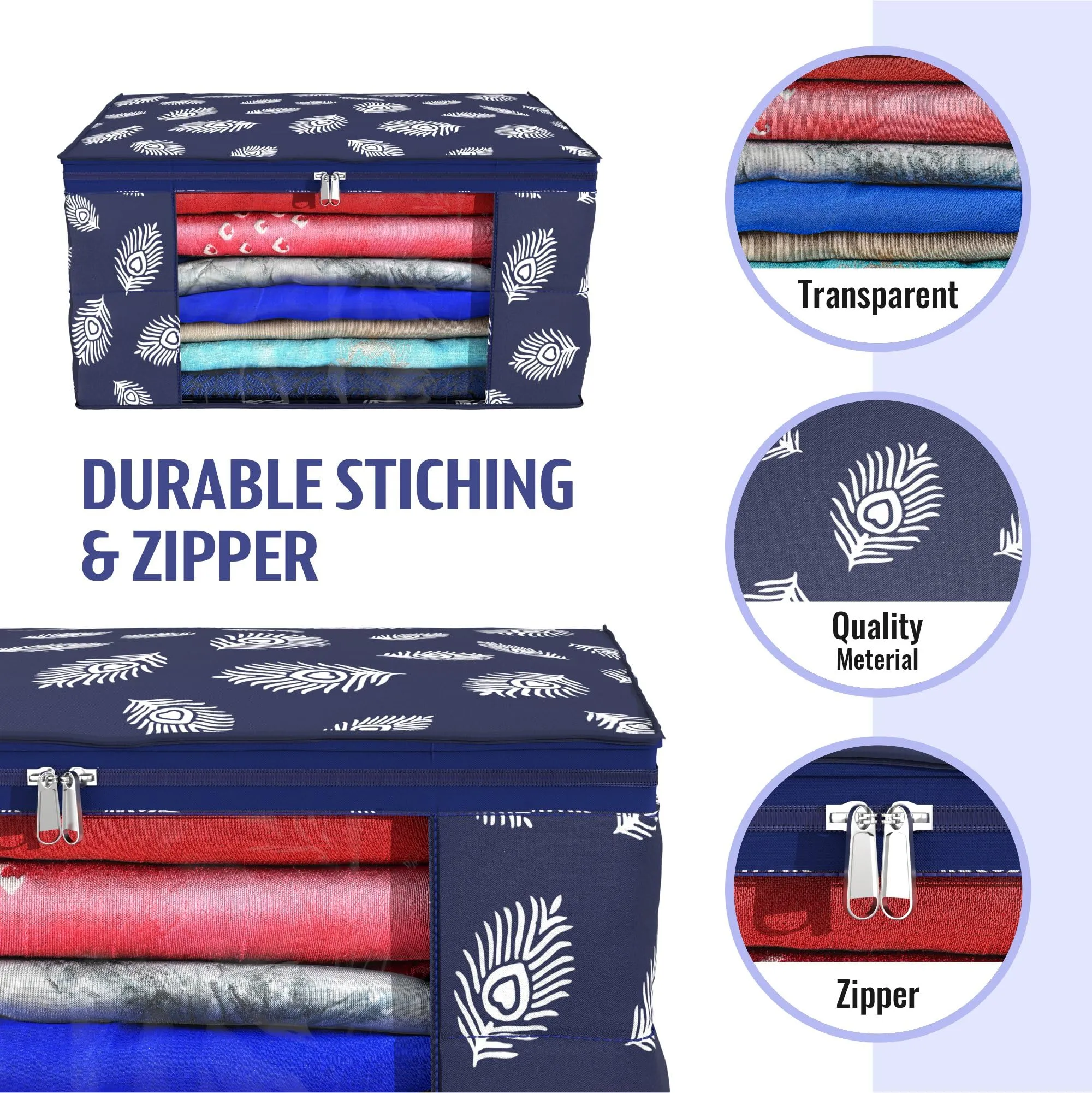Kuber Industries Saree Cover | Clothes Storage Bag | Storage Organizer Bag | Zip Closure Saree Cover | Wardrobe Organizer | Peacock Feather-Design | 6 Inch | Pack of 3 | Navy Blue