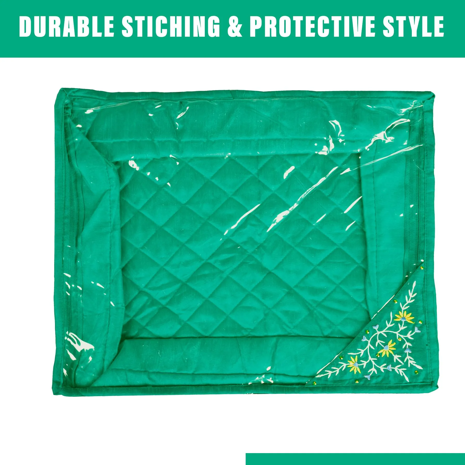 Kuber Industries Saree Cover | Clothes Storage Bag | Storage Organizer Bag | Zip Closure Saree Cover | Wardrobe Organizer | Side Embroidery Saree Cover | 6 Inch | Pack of 2 | Green