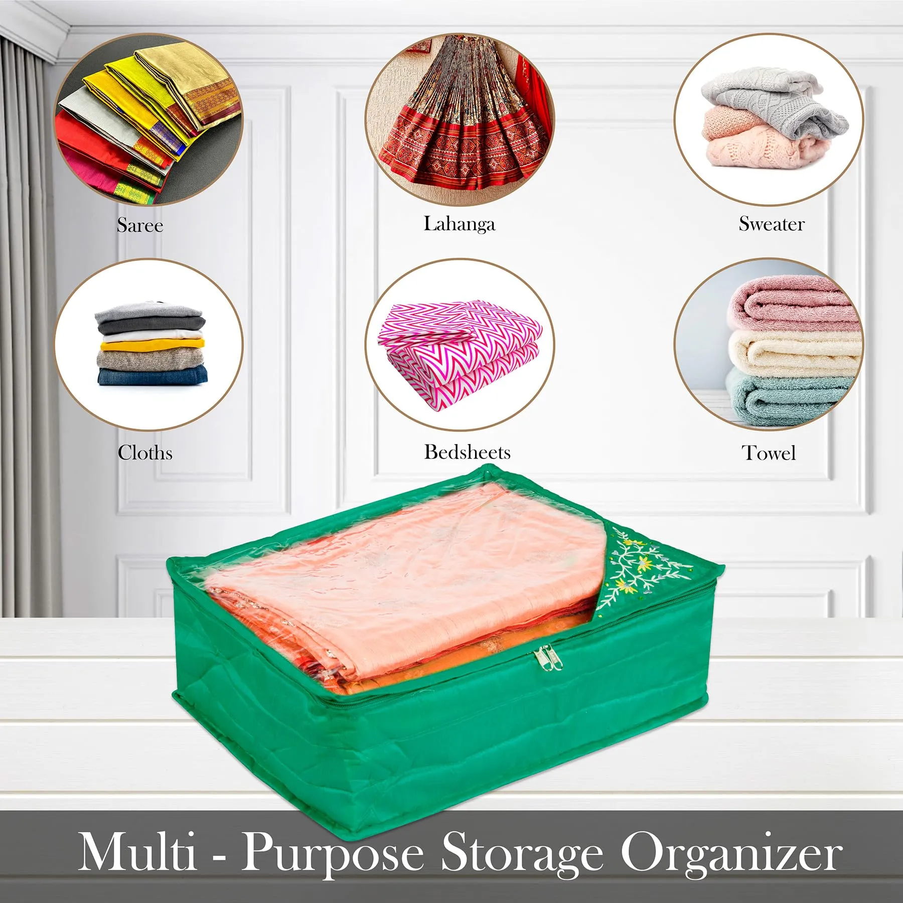 Kuber Industries Saree Cover | Clothes Storage Bag | Storage Organizer Bag | Zip Closure Saree Cover | Wardrobe Organizer | Side Embroidery Saree Cover | 6 Inch | Pack of 2 | Green