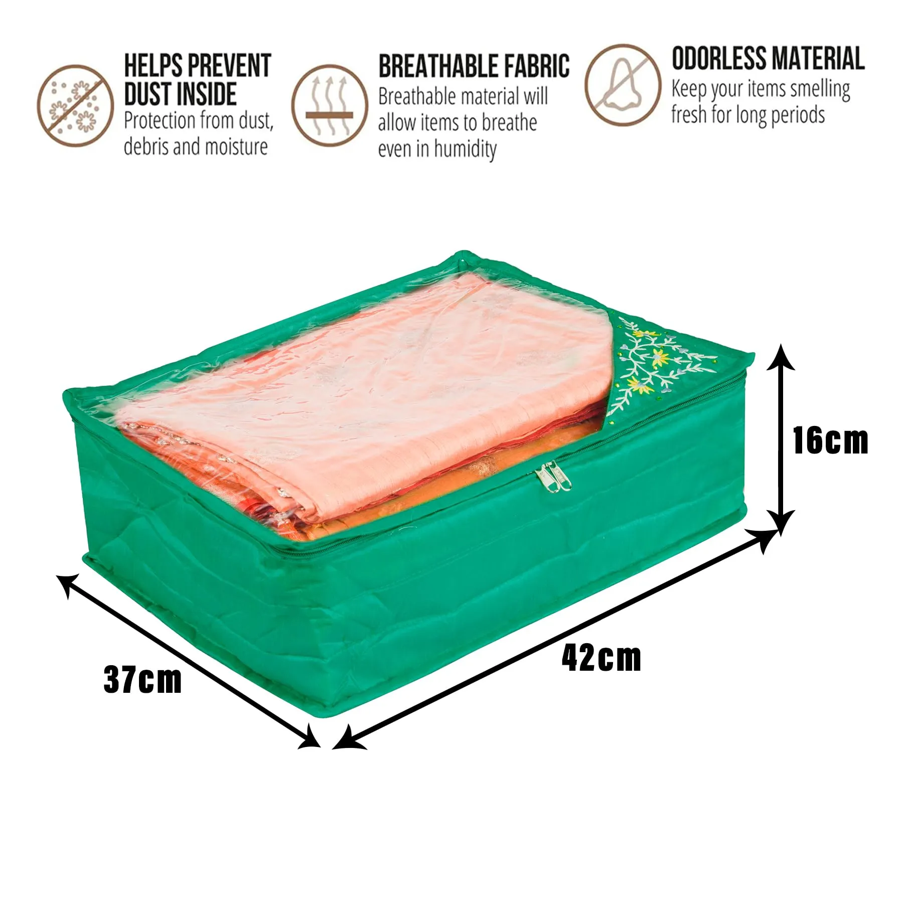 Kuber Industries Saree Cover | Clothes Storage Bag | Storage Organizer Bag | Zip Closure Saree Cover | Wardrobe Organizer | Side Embroidery Saree Cover | 6 Inch | Pack of 2 | Green