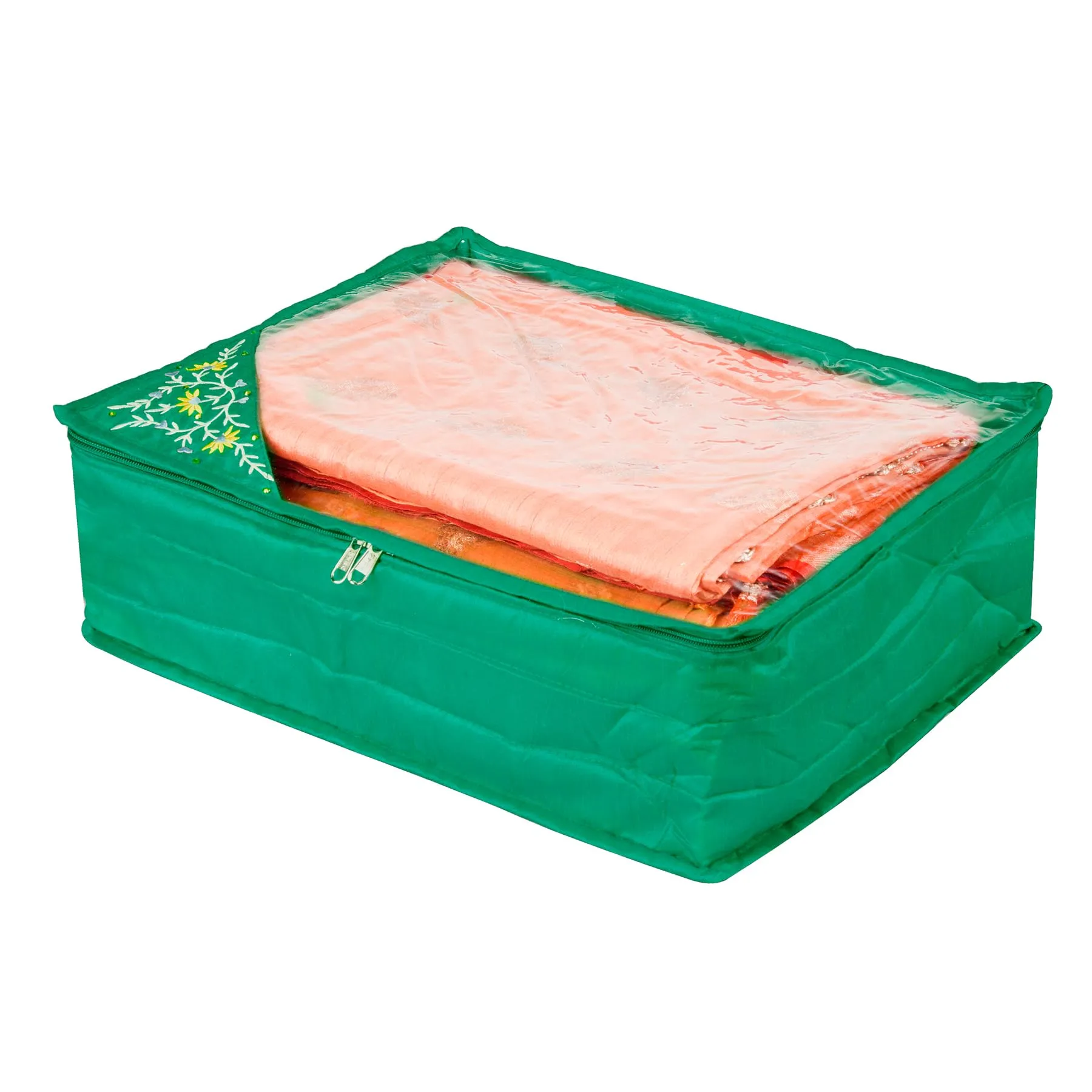 Kuber Industries Saree Cover | Clothes Storage Bag | Storage Organizer Bag | Zip Closure Saree Cover | Wardrobe Organizer | Side Embroidery Saree Cover | 6 Inch | Pack of 2 | Green