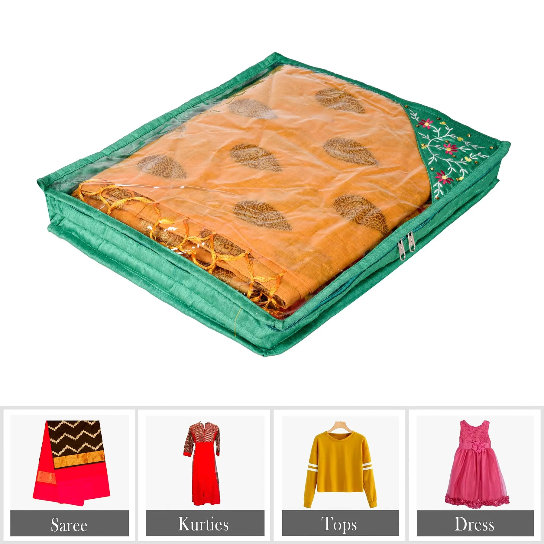 Kuber Industries Saree Cover | Clothes Storage Bag | Suit Packing Cover | Cloth Stoarge Organizer | Wardrobe Cloth Storage Organiser with Zip | Side Embroidery-Design | 3 Inch | Pack of 12 | Green