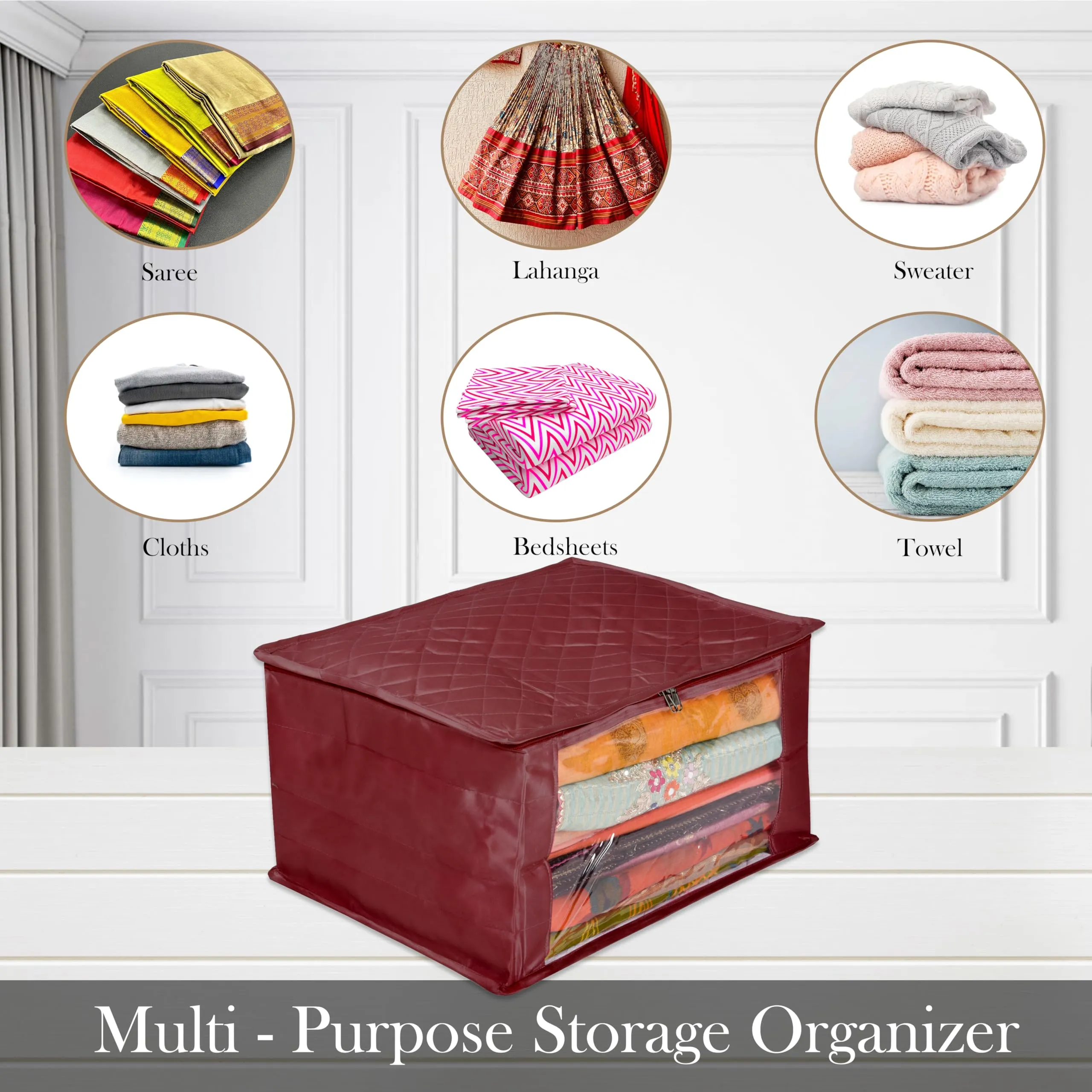Kuber Industries Saree Cover | Zip Closure Saree Cover | Clothes Storage Bag | Wardrobe Organiser for Suit | Transparent Window Saree Cover | 9 inch | Pack of 2 | Maroon