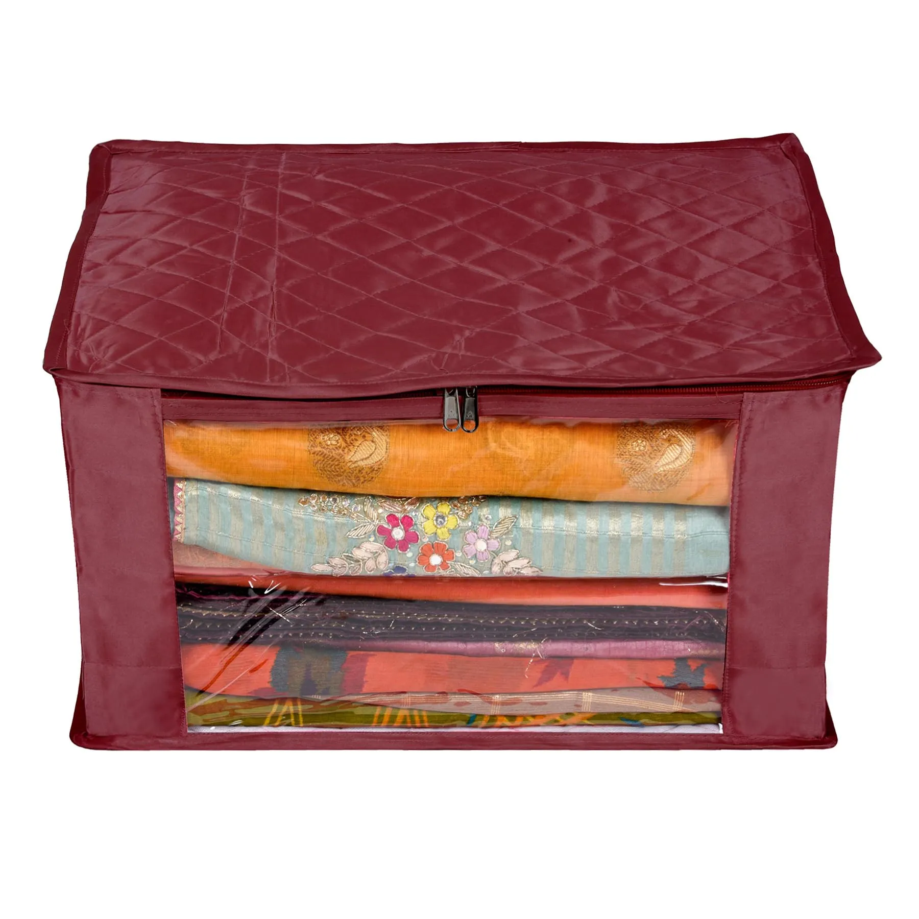 Kuber Industries Saree Cover | Zip Closure Saree Cover | Clothes Storage Bag | Wardrobe Organiser for Suit | Transparent Window Saree Cover | 9 inch | Pack of 2 | Maroon