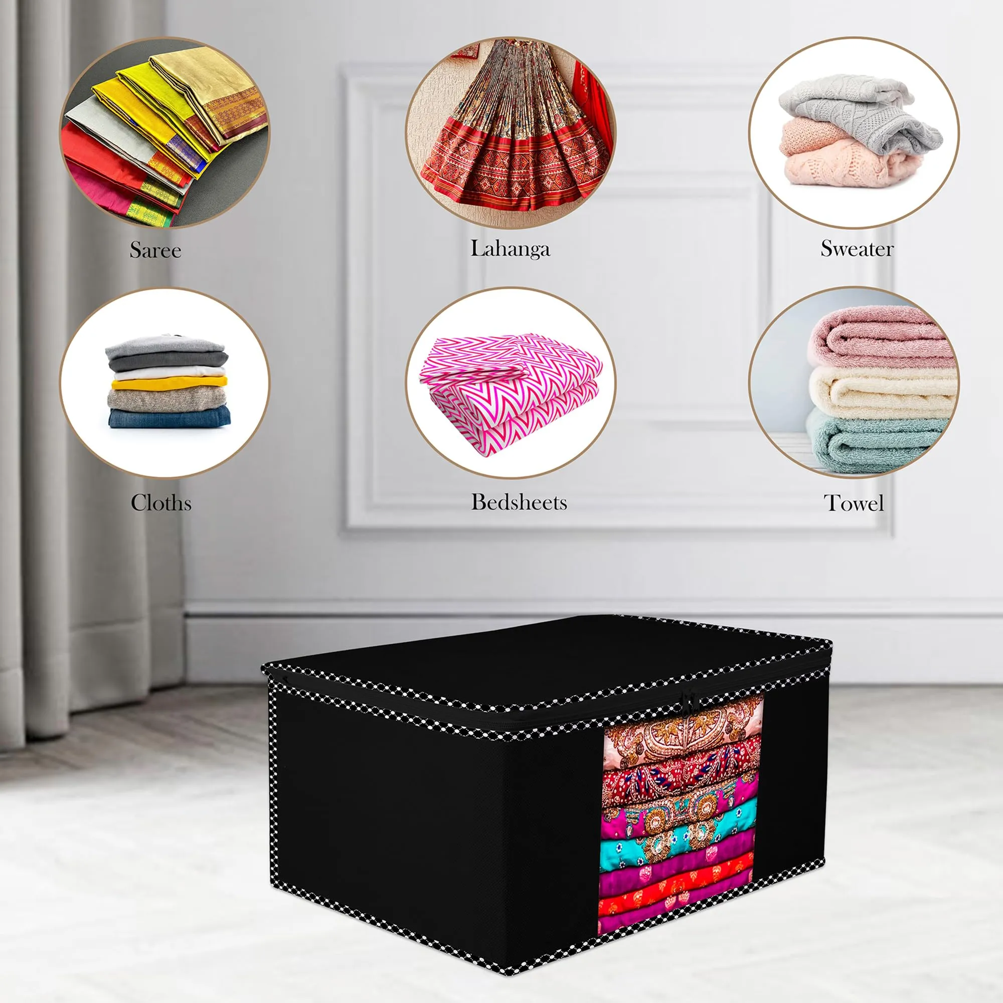 Kuber Industries Saree Cover | Zip Closure Saree Cover | Clothes Storage Bag | Wardrobe Organiser for Suit | Transparent Window Saree Cover | Dot Border-Design | 9 inch | Pack of 6 | Black