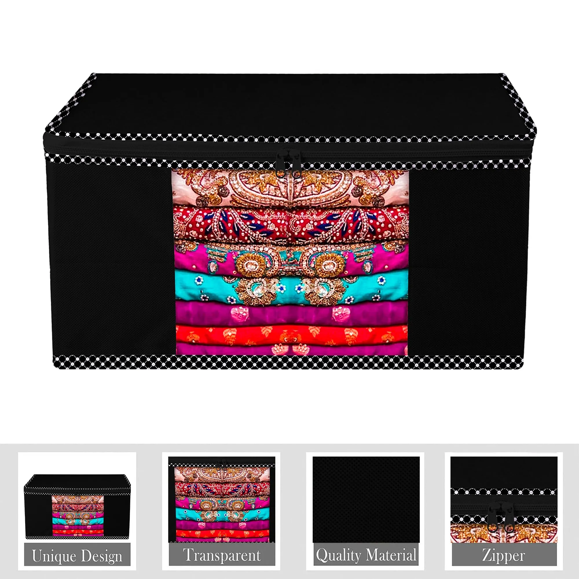 Kuber Industries Saree Cover | Zip Closure Saree Cover | Clothes Storage Bag | Wardrobe Organiser for Suit | Transparent Window Saree Cover | Dot Border-Design | 9 inch | Pack of 6 | Black