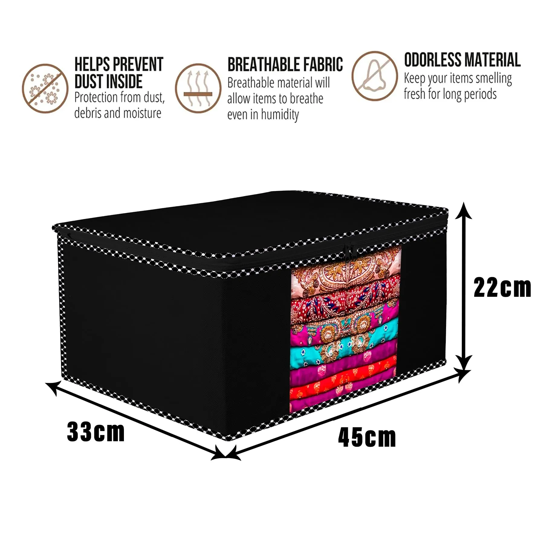 Kuber Industries Saree Cover | Zip Closure Saree Cover | Clothes Storage Bag | Wardrobe Organiser for Suit | Transparent Window Saree Cover | Dot Border-Design | 9 inch | Pack of 6 | Black