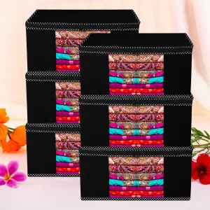 Kuber Industries Saree Cover | Zip Closure Saree Cover | Clothes Storage Bag | Wardrobe Organiser for Suit | Transparent Window Saree Cover | Dot Border-Design | 9 inch | Pack of 6 | Black