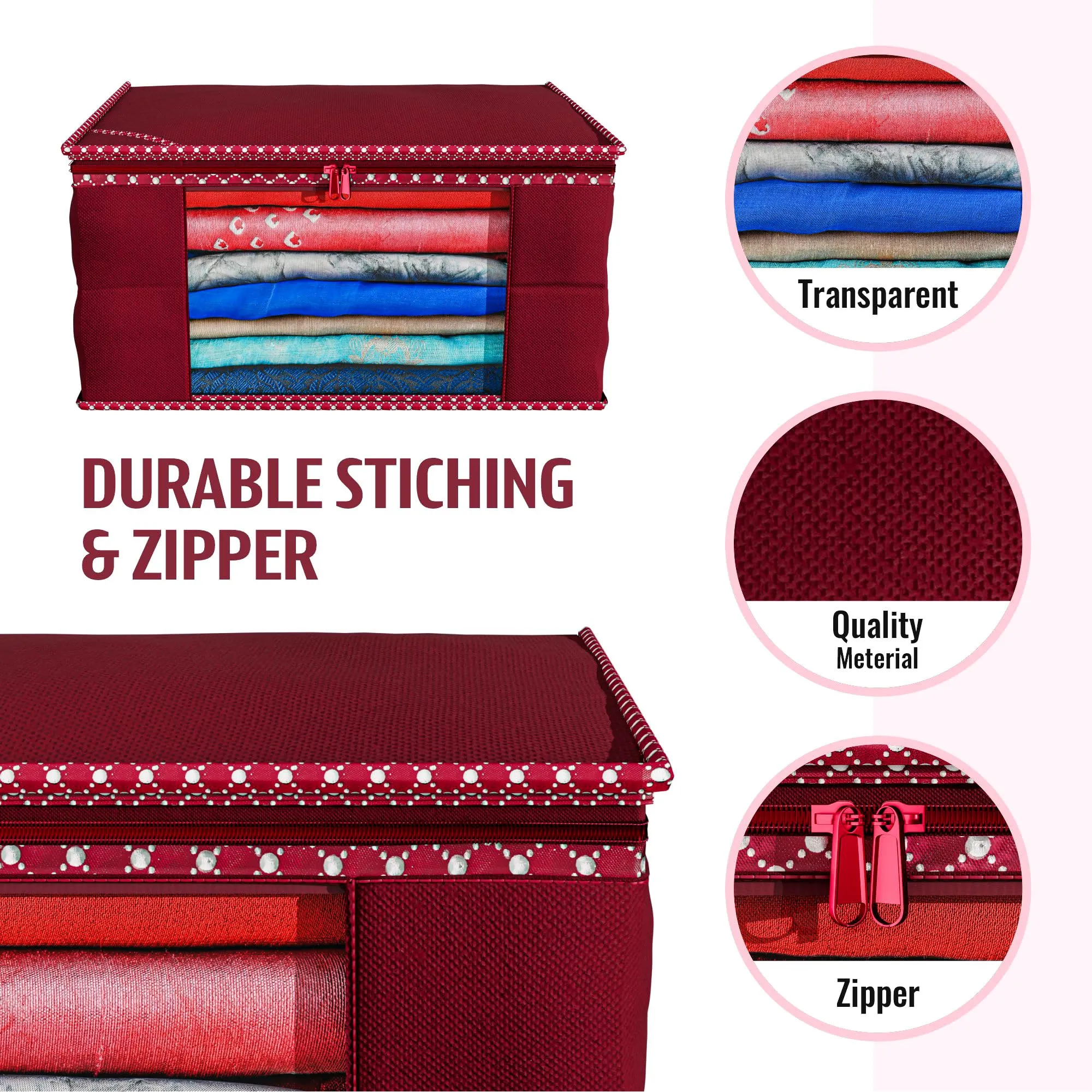 Kuber Industries Saree Cover | Zip Closure Saree Cover | Clothes Storage Bag | Wardrobe Organiser for Suit | Transparent Window Saree Cover | Dot Border-Design | 9 inch | Pack of 9 | Maroon
