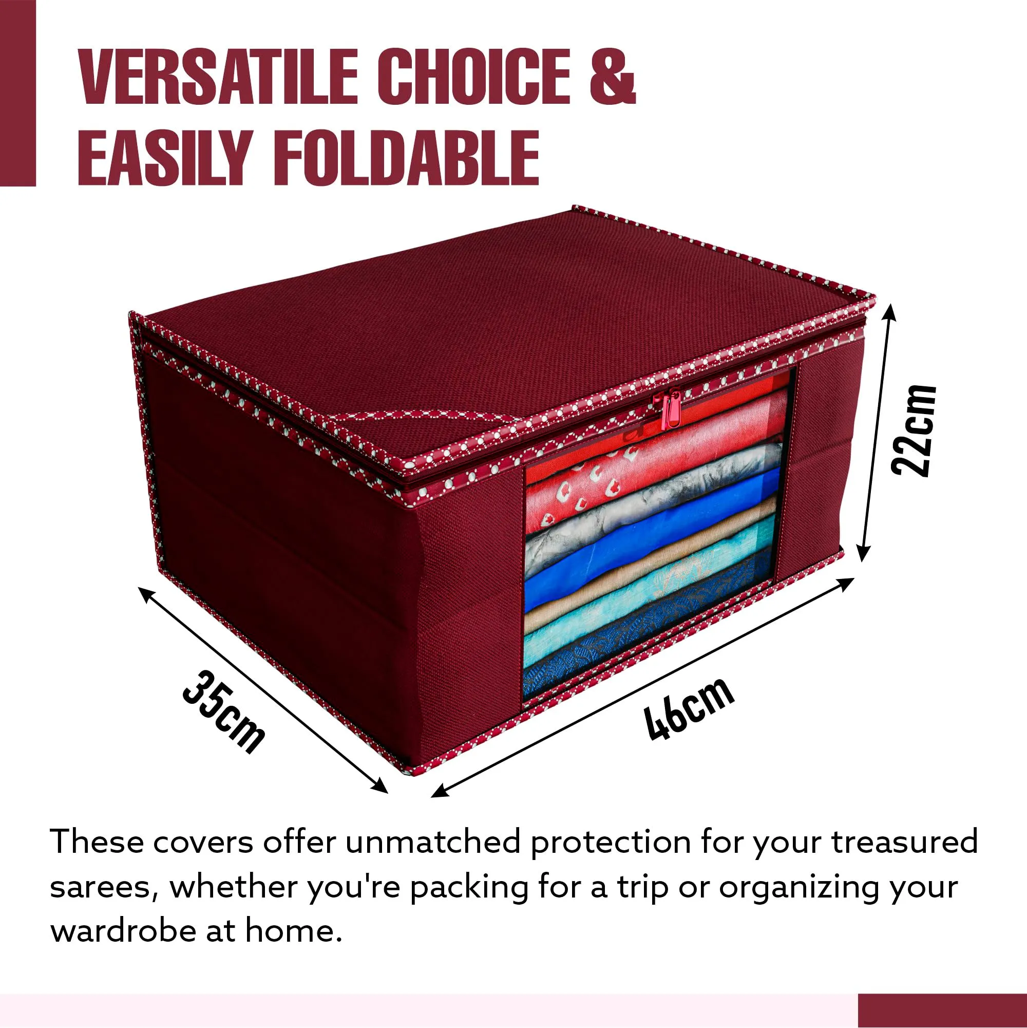 Kuber Industries Saree Cover | Zip Closure Saree Cover | Clothes Storage Bag | Wardrobe Organiser for Suit | Transparent Window Saree Cover | Dot Border-Design | 9 inch | Pack of 9 | Maroon