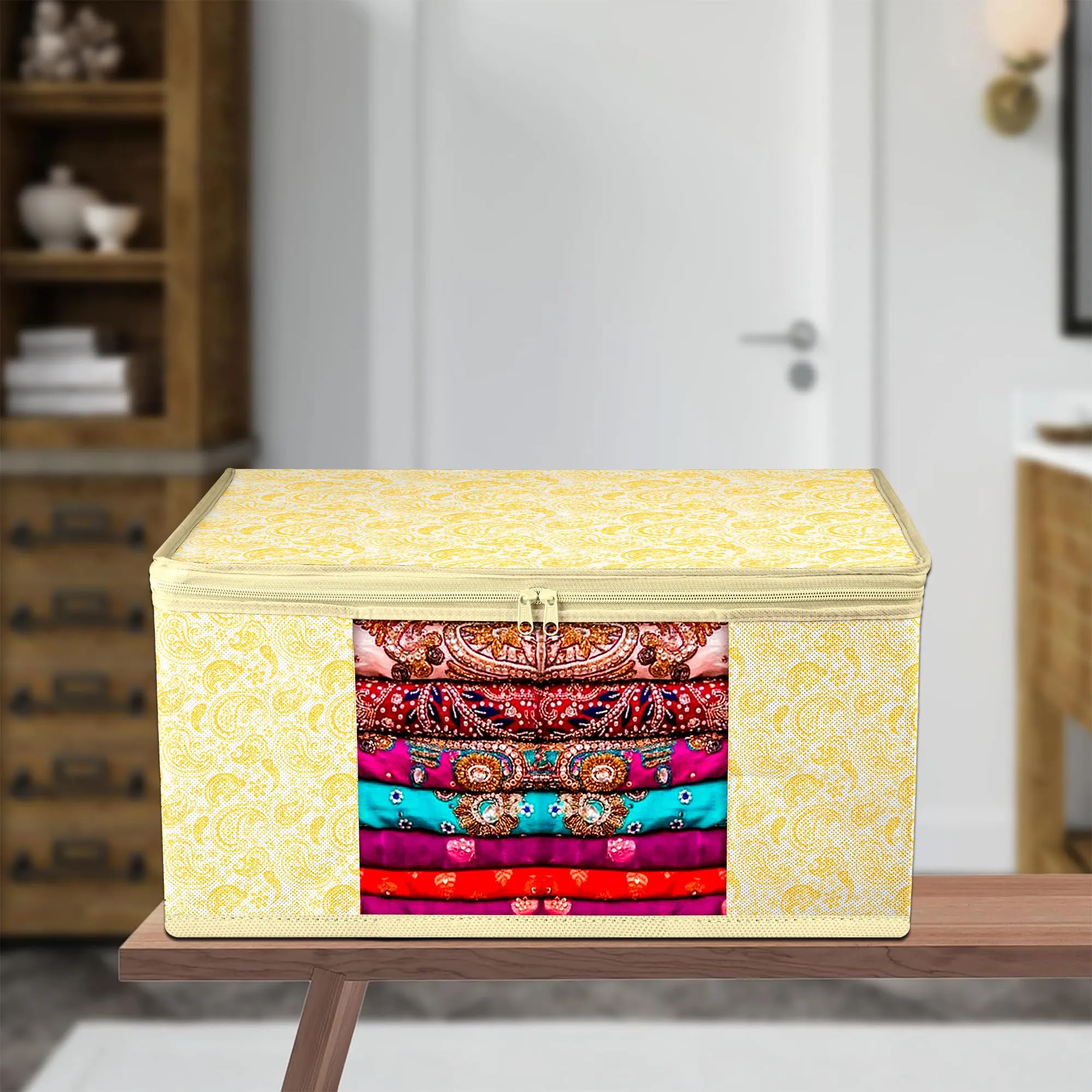Kuber Industries Saree Cover | Zip Closure Saree Cover | Clothes Storage Bag | Wardrobe Organiser | Transparent Window Saree Cover | Carry-Design | 9 inch | Pack of 6 | Yellow