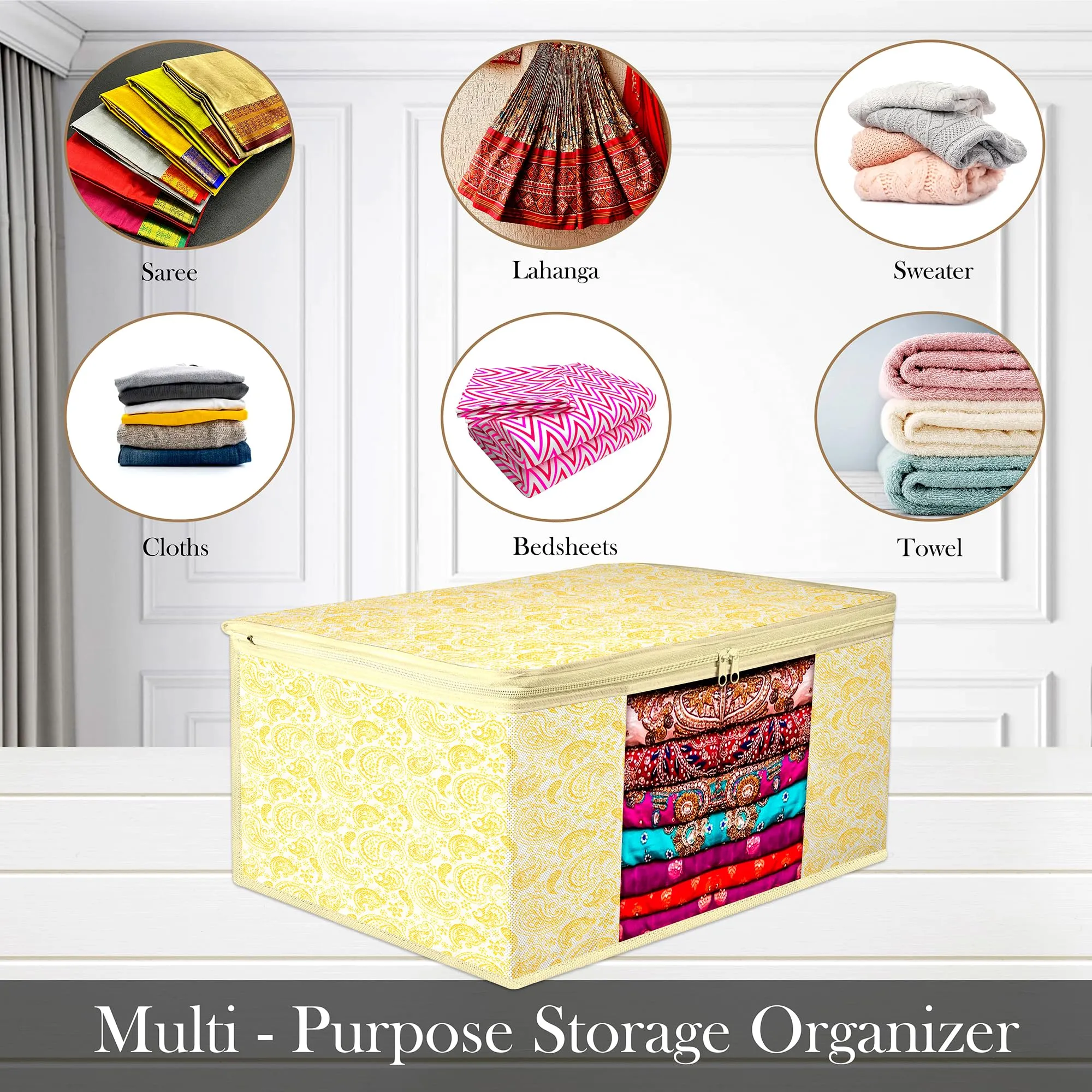 Kuber Industries Saree Cover | Zip Closure Saree Cover | Clothes Storage Bag | Wardrobe Organiser | Transparent Window Saree Cover | Carry-Design | 9 inch | Pack of 6 | Yellow