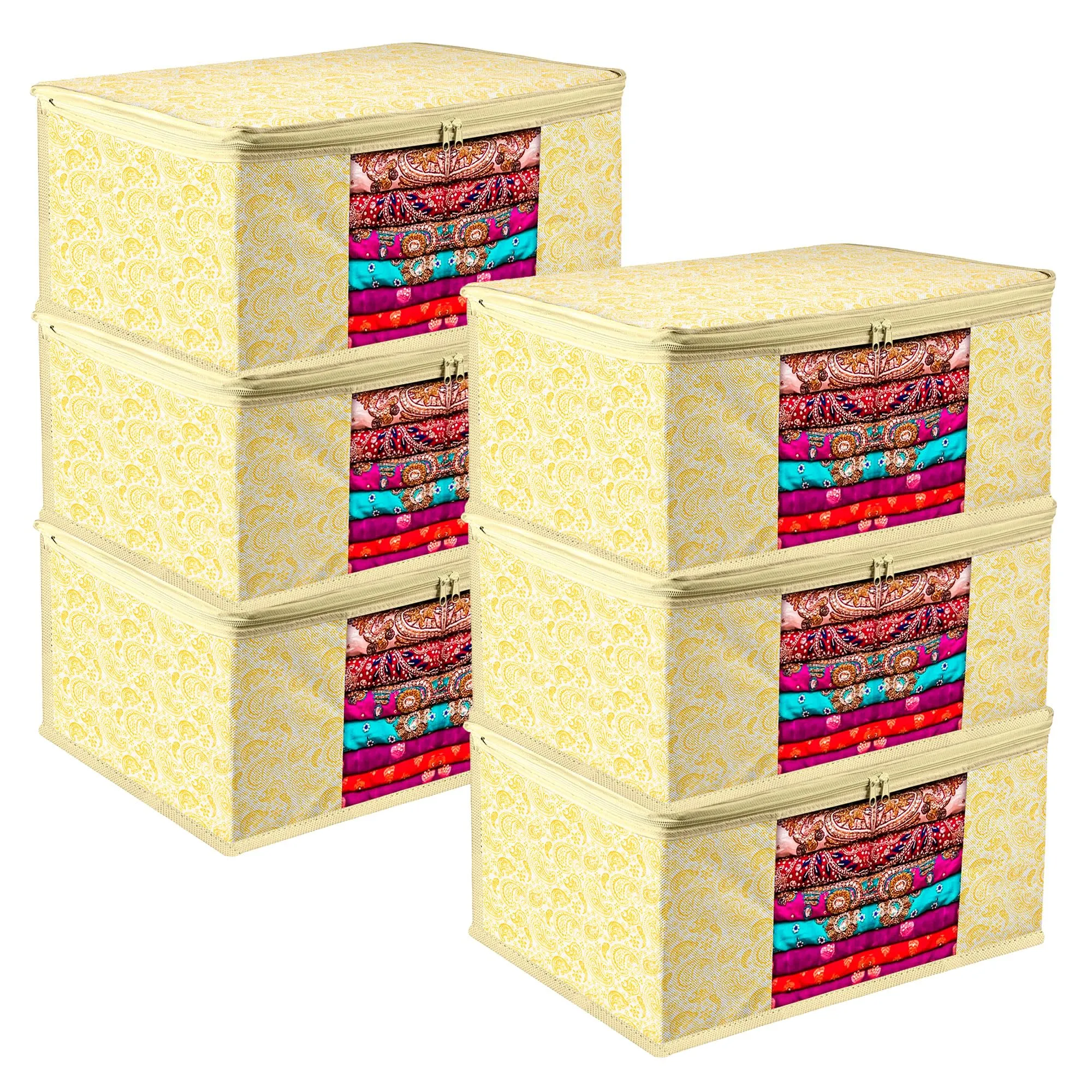 Kuber Industries Saree Cover | Zip Closure Saree Cover | Clothes Storage Bag | Wardrobe Organiser | Transparent Window Saree Cover | Carry-Design | 9 inch | Pack of 6 | Yellow