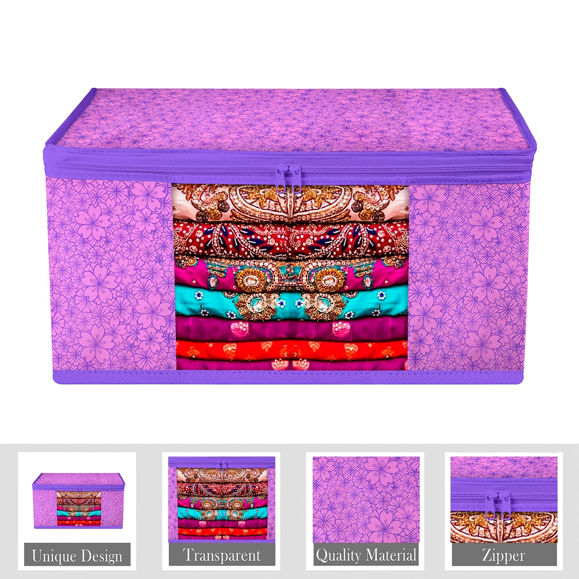 Kuber Industries Saree Cover | Zip Closure Saree Cover | Clothes Storage Bag | Wardrobe Organiser | Transparent Window Saree Cover | Flower-Design | 9 inch | Pack of 3 | Purple