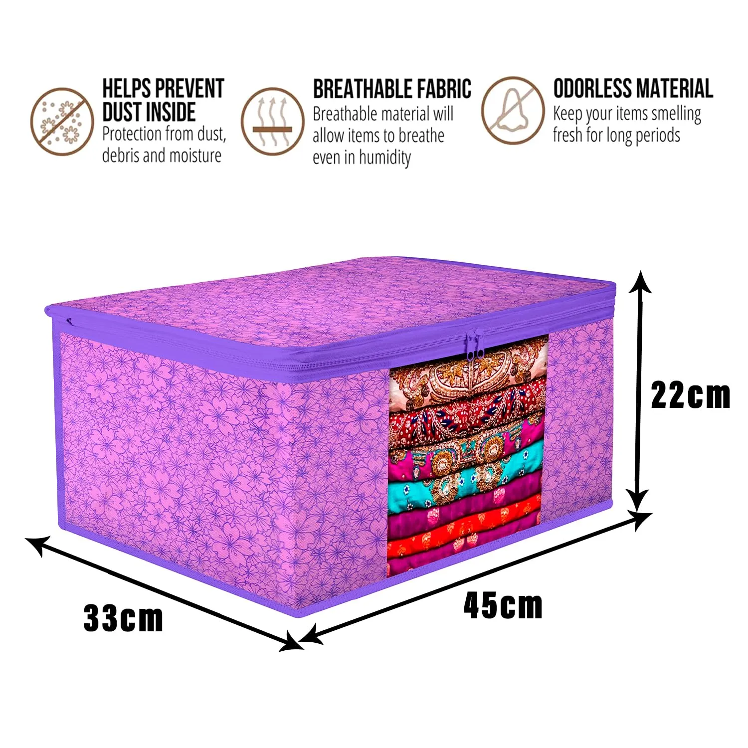 Kuber Industries Saree Cover | Zip Closure Saree Cover | Clothes Storage Bag | Wardrobe Organiser | Transparent Window Saree Cover | Flower-Design | 9 inch | Pack of 3 | Purple