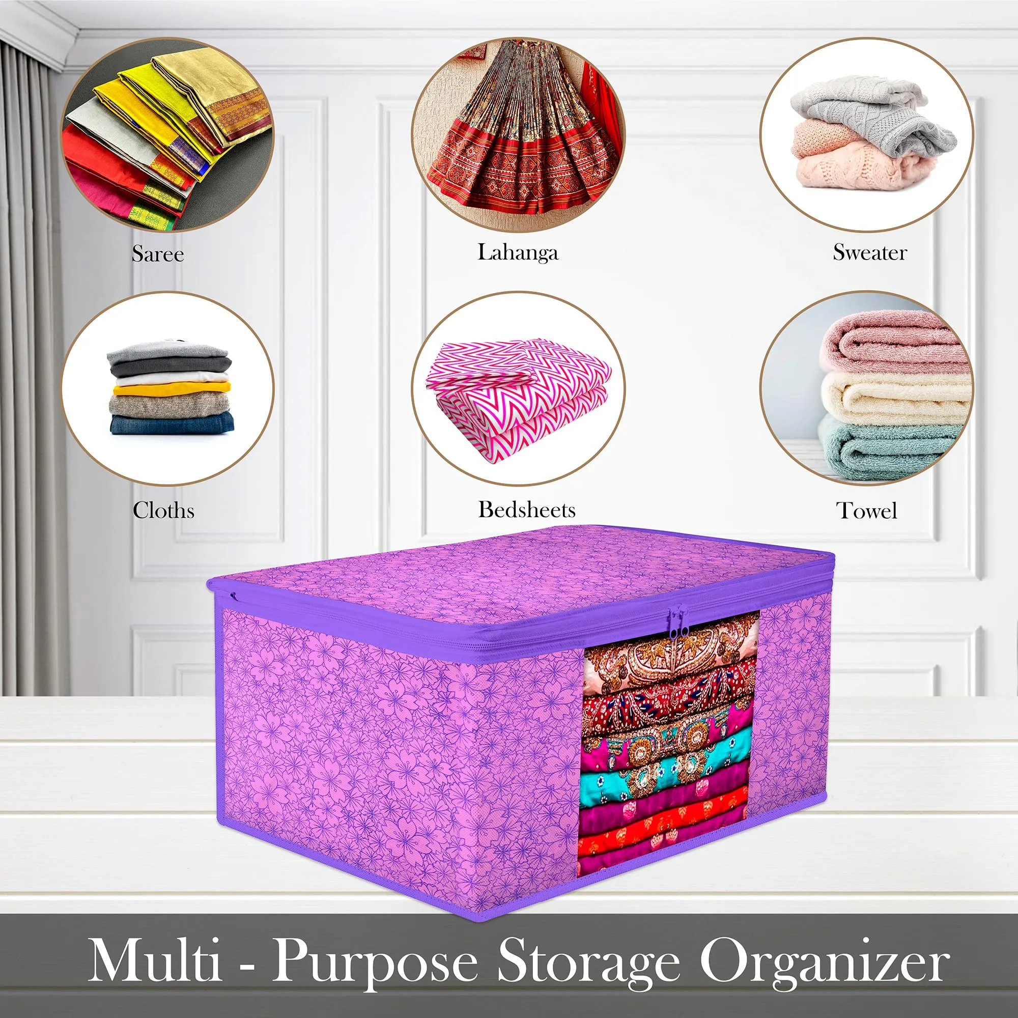 Kuber Industries Saree Cover | Zip Closure Saree Cover | Clothes Storage Bag | Wardrobe Organiser | Transparent Window Saree Cover | Flower-Design | 9 inch | Pack of 3 | Purple