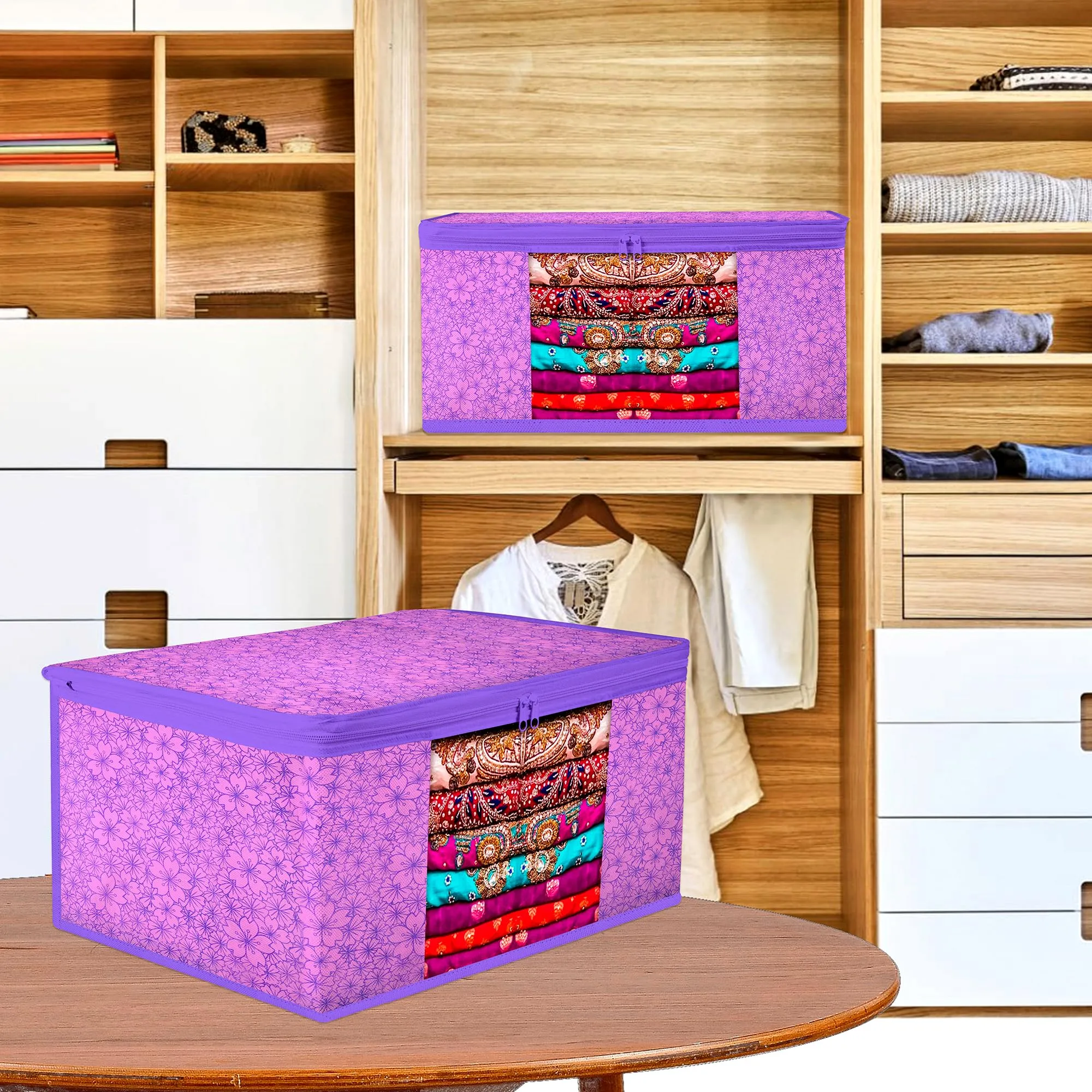 Kuber Industries Saree Cover | Zip Closure Saree Cover | Clothes Storage Bag | Wardrobe Organiser | Transparent Window Saree Cover | Flower-Design | 9 inch | Pack of 3 | Purple