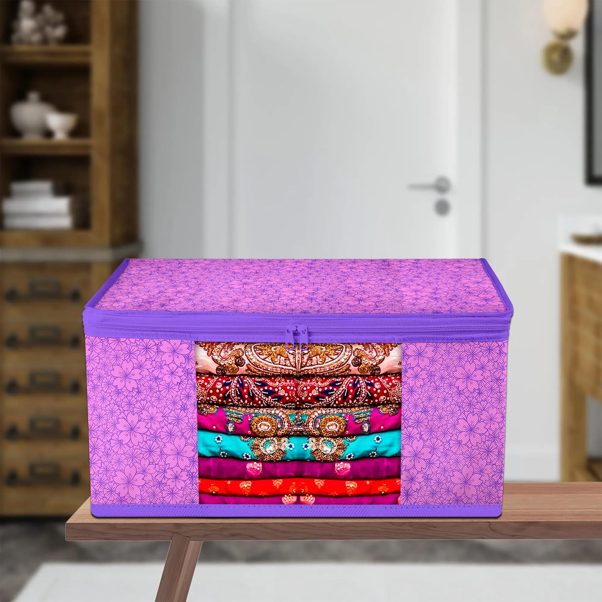 Kuber Industries Saree Cover | Zip Closure Saree Cover | Clothes Storage Bag | Wardrobe Organiser | Transparent Window Saree Cover | Flower-Design | 9 inch | Pack of 9 | Purple