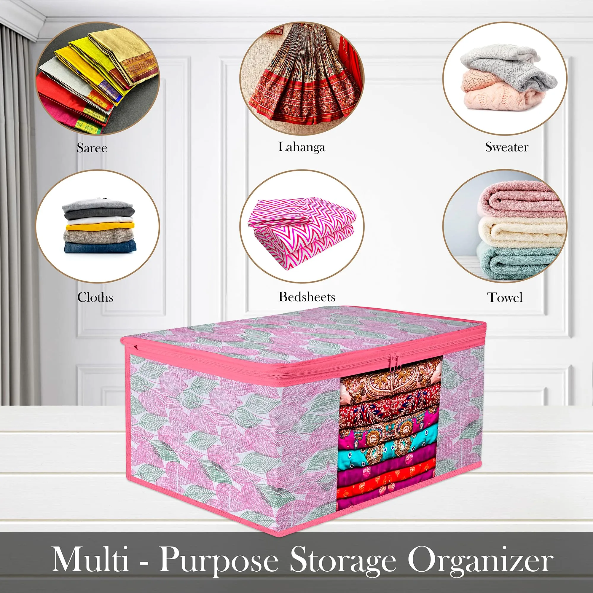 Kuber Industries Saree Cover | Zip Closure Saree Cover | Clothes Storage Bag | Wardrobe Organiser | Transparent Window Saree Cover | Flower Patta-Design | 9 inch | Pack of 6 | Pink