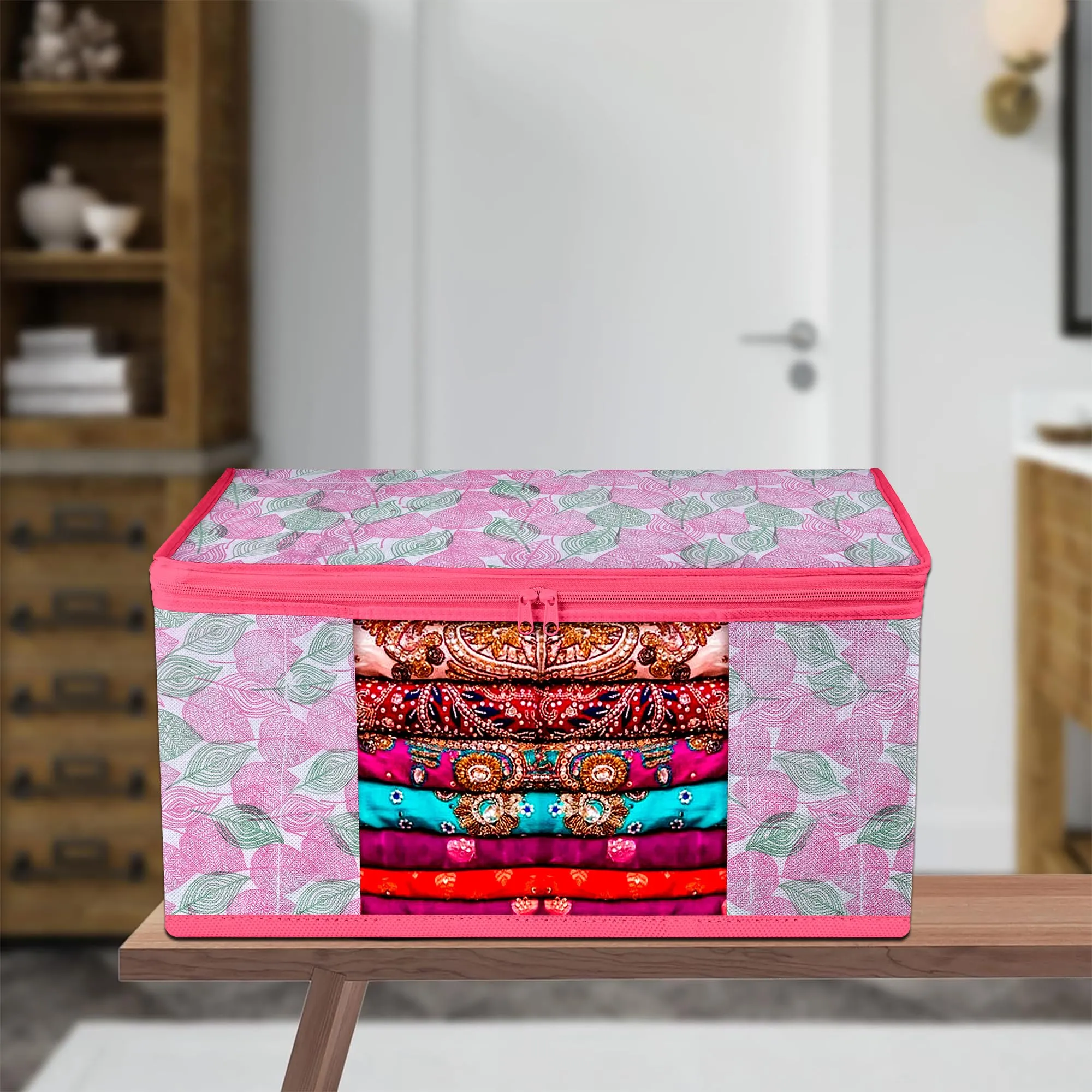 Kuber Industries Saree Cover | Zip Closure Saree Cover | Clothes Storage Bag | Wardrobe Organiser | Transparent Window Saree Cover | Flower Patta-Design | 9 inch | Pack of 6 | Pink