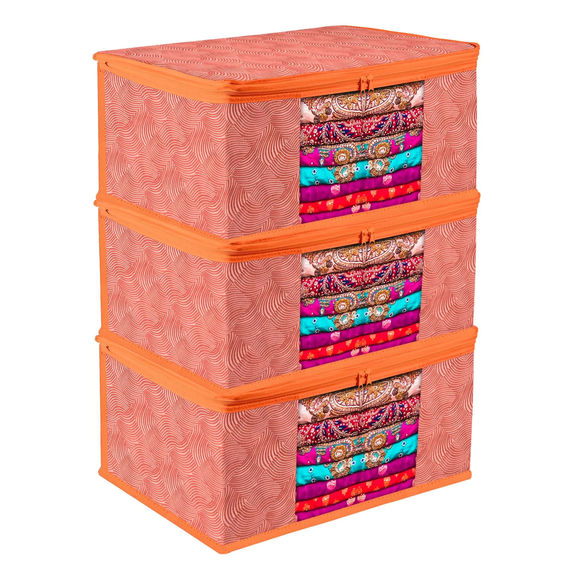 Kuber Industries Saree Cover | Zip Closure Saree Cover | Clothes Storage Bag | Wardrobe Organiser | Transparent Window Saree Cover | Lahariya-Design | 9 inch | Pack of 3 | Orange