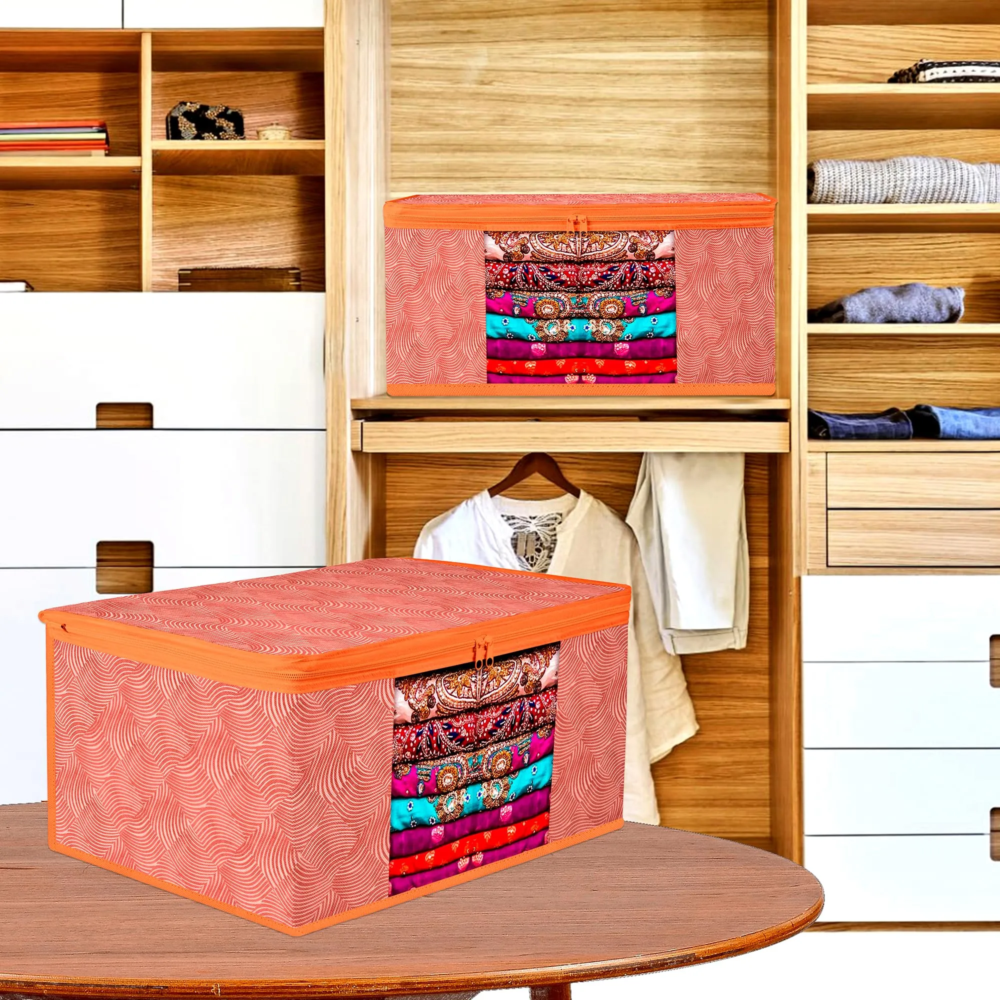 Kuber Industries Saree Cover | Zip Closure Saree Cover | Clothes Storage Bag | Wardrobe Organiser | Transparent Window Saree Cover | Lahariya-Design | 9 inch | Pack of 3 | Orange
