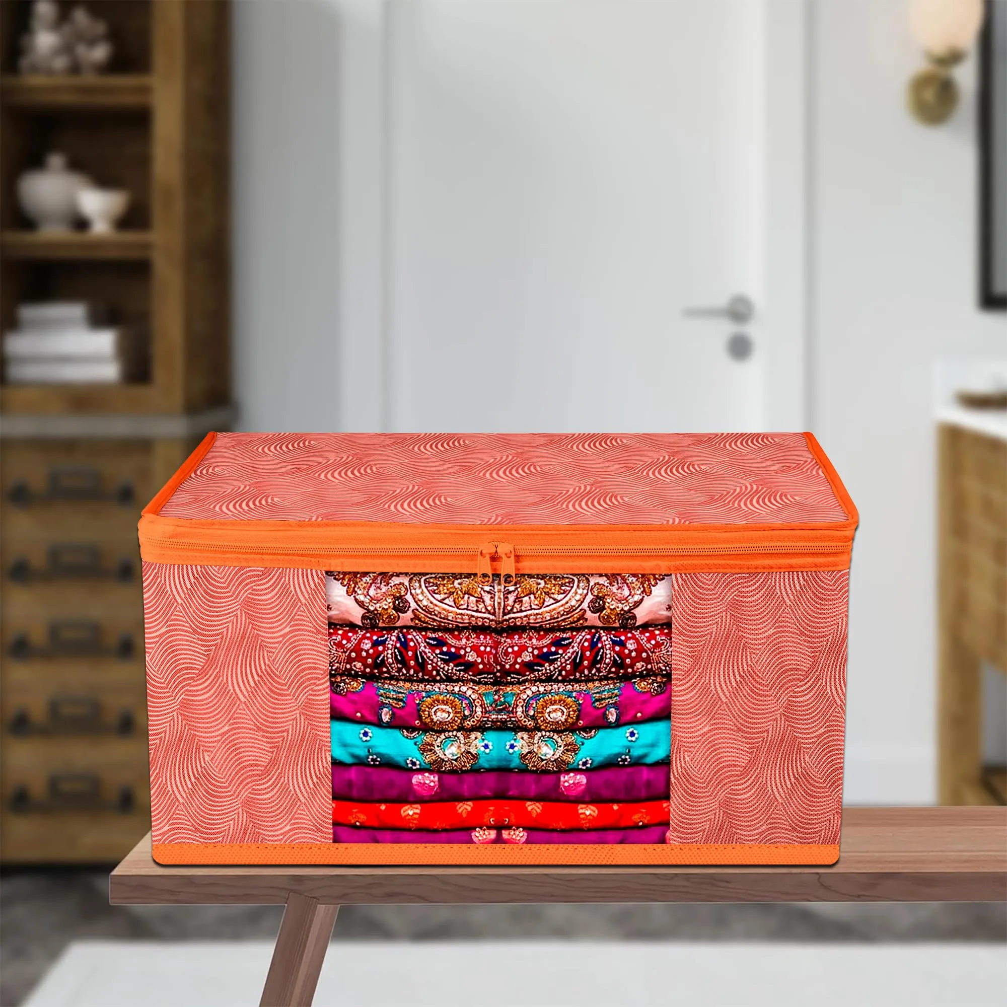 Kuber Industries Saree Cover | Zip Closure Saree Cover | Clothes Storage Bag | Wardrobe Organiser | Transparent Window Saree Cover | Lahariya-Design | 9 inch | Pack of 3 | Orange