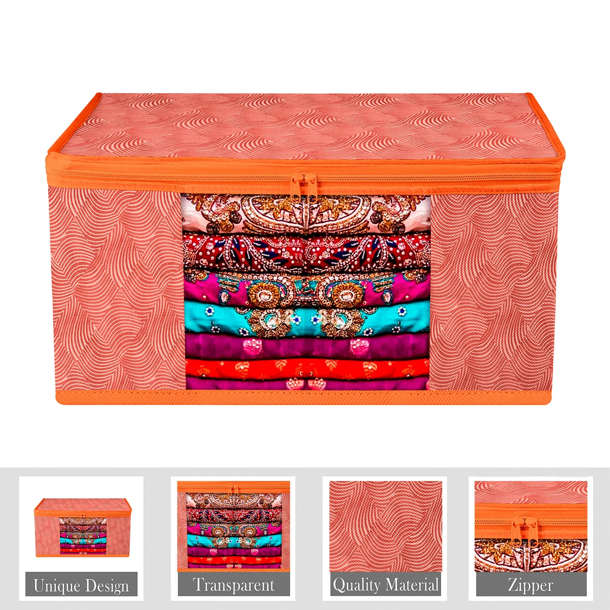 Kuber Industries Saree Cover | Zip Closure Saree Cover | Clothes Storage Bag | Wardrobe Organiser | Transparent Window Saree Cover | Lahariya-Design | 9 inch | Pack of 3 | Orange