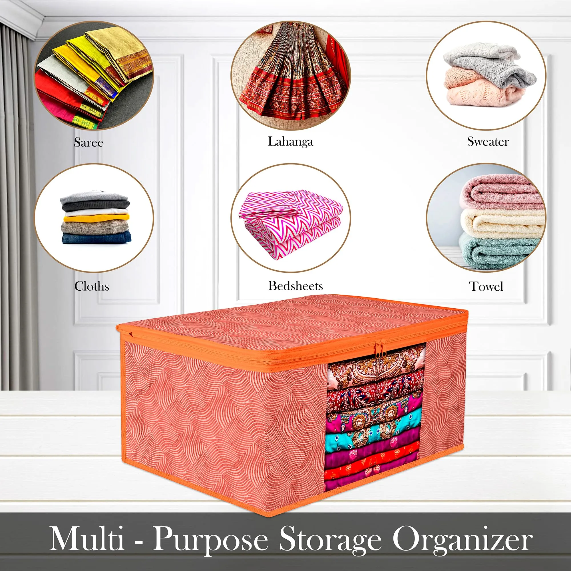 Kuber Industries Saree Cover | Zip Closure Saree Cover | Clothes Storage Bag | Wardrobe Organiser | Transparent Window Saree Cover | Lahariya-Design | 9 inch | Pack of 3 | Orange