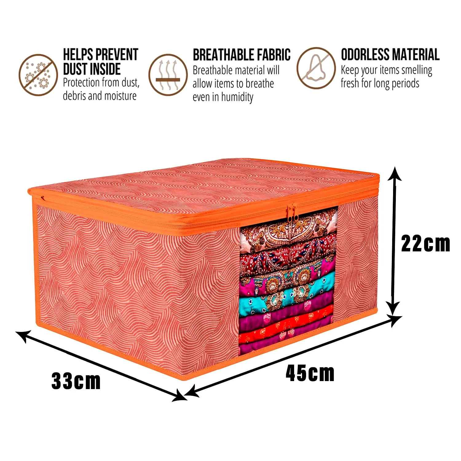 Kuber Industries Saree Cover | Zip Closure Saree Cover | Clothes Storage Bag | Wardrobe Organiser | Transparent Window Saree Cover | Lahariya-Design | 9 inch | Pack of 3 | Orange