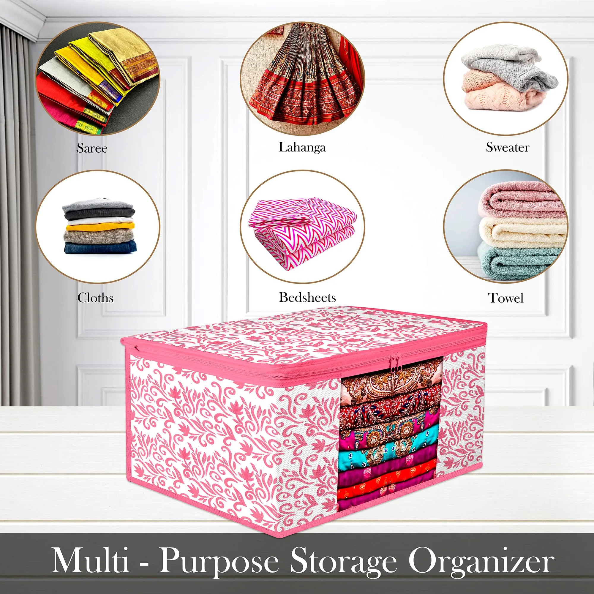 Kuber Industries Saree Cover | Zip Closure Saree Cover | Clothes Storage Bag | Wardrobe Organiser | Transparent Window Saree Cover | Leaf-Design | 9 inch | Pack of 12 | Pink