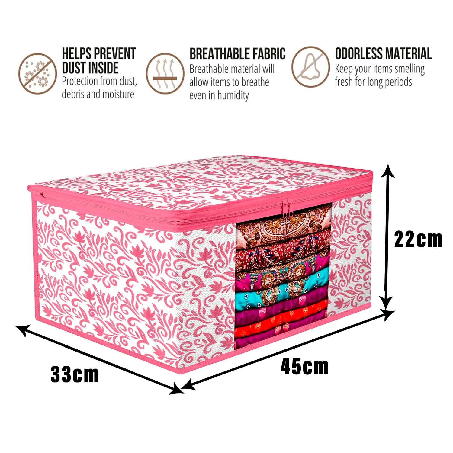 Kuber Industries Saree Cover | Zip Closure Saree Cover | Clothes Storage Bag | Wardrobe Organiser | Transparent Window Saree Cover | Leaf-Design | 9 inch | Pack of 12 | Pink