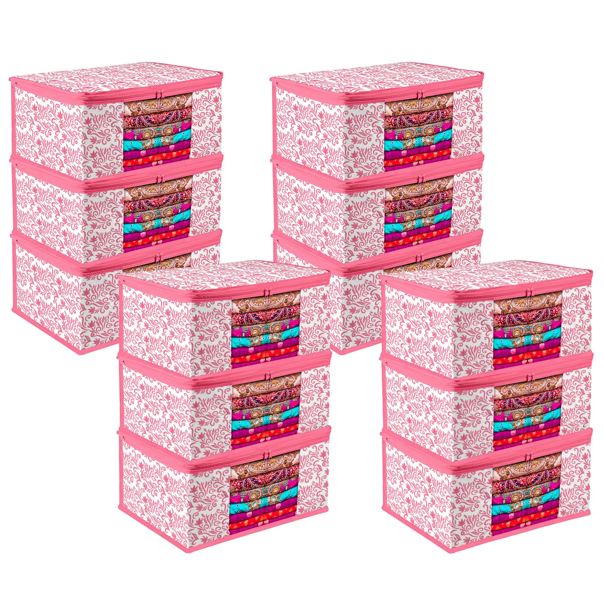Kuber Industries Saree Cover | Zip Closure Saree Cover | Clothes Storage Bag | Wardrobe Organiser | Transparent Window Saree Cover | Leaf-Design | 9 inch | Pack of 12 | Pink