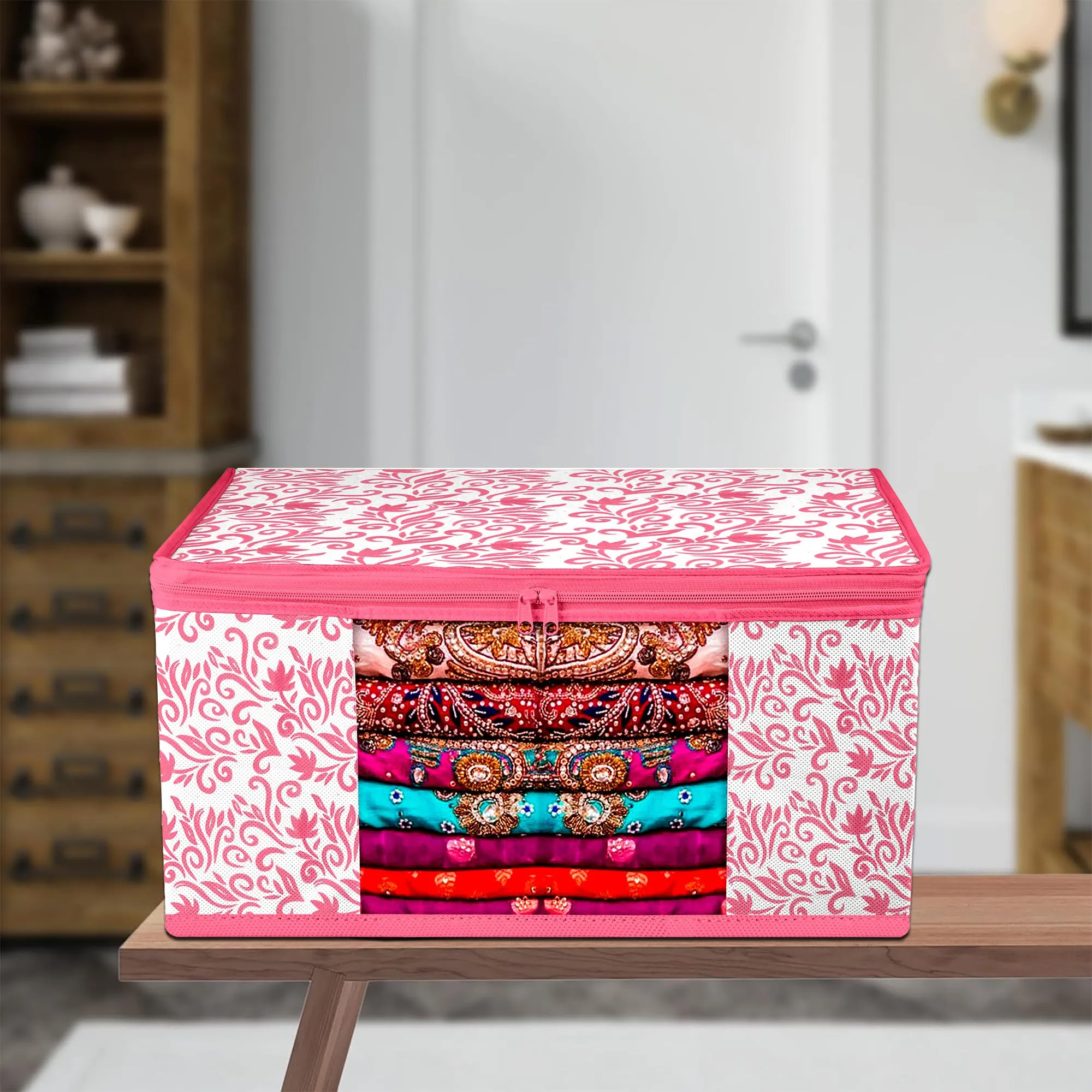 Kuber Industries Saree Cover | Zip Closure Saree Cover | Clothes Storage Bag | Wardrobe Organiser | Transparent Window Saree Cover | Leaf-Design | 9 inch | Pack of 12 | Pink