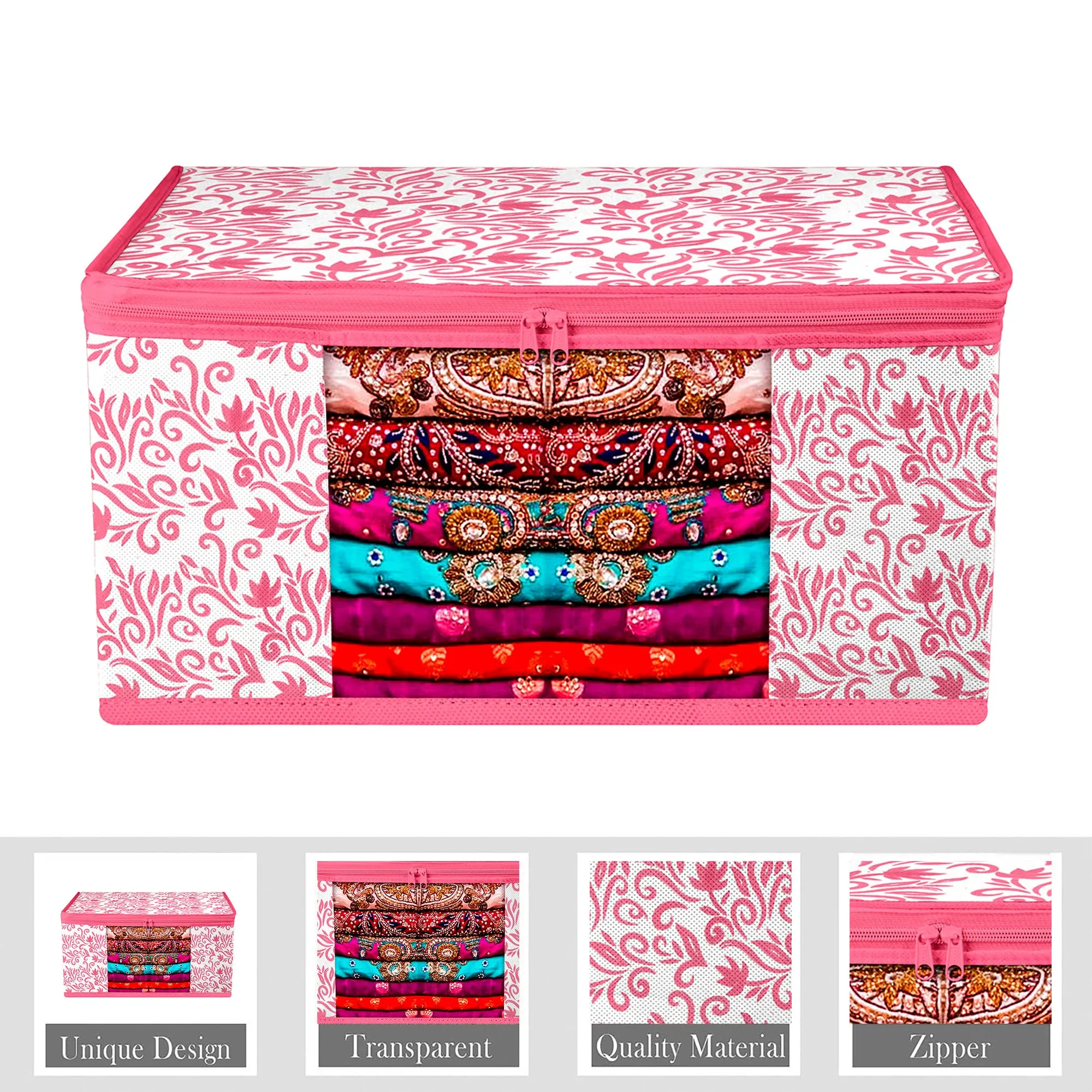 Kuber Industries Saree Cover | Zip Closure Saree Cover | Clothes Storage Bag | Wardrobe Organiser | Transparent Window Saree Cover | Leaf-Design | 9 inch | Pack of 12 | Pink