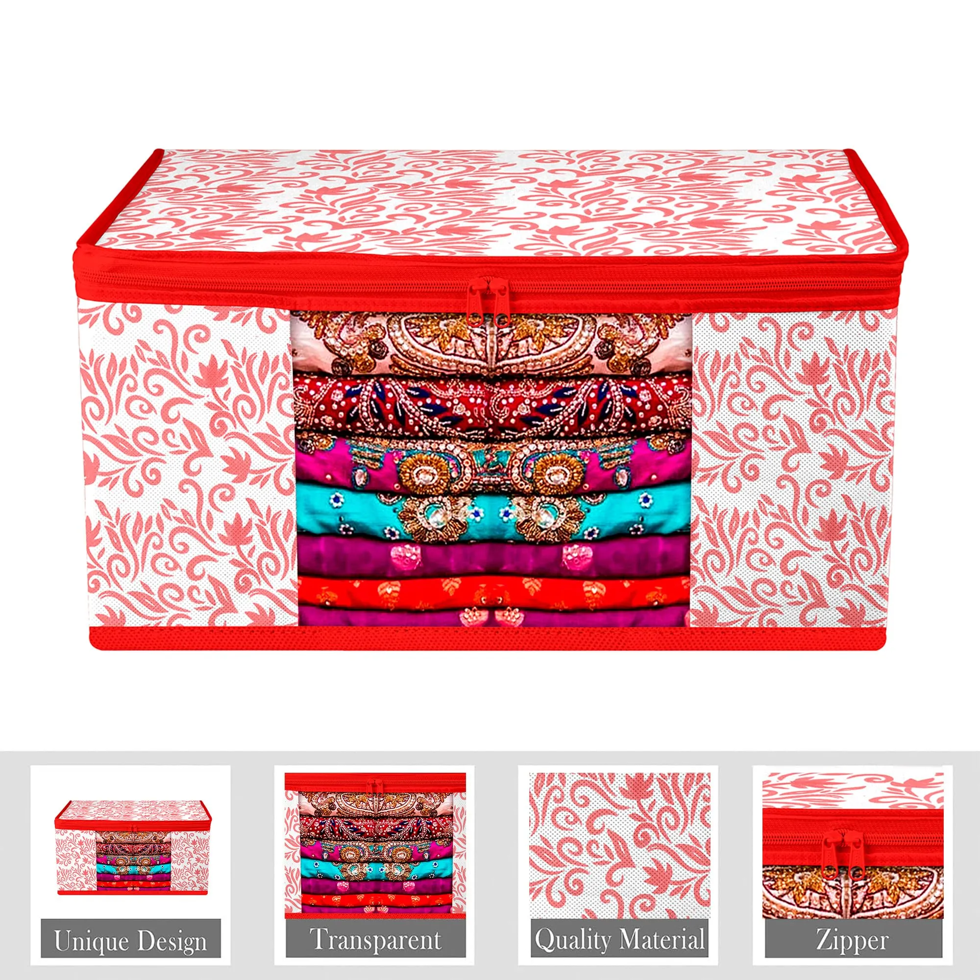 Kuber Industries Saree Cover | Zip Closure Saree Cover | Clothes Storage Bag | Wardrobe Organiser | Transparent Window Saree Cover | Leaf-Design | 9 inch | Pack of 9 | Red