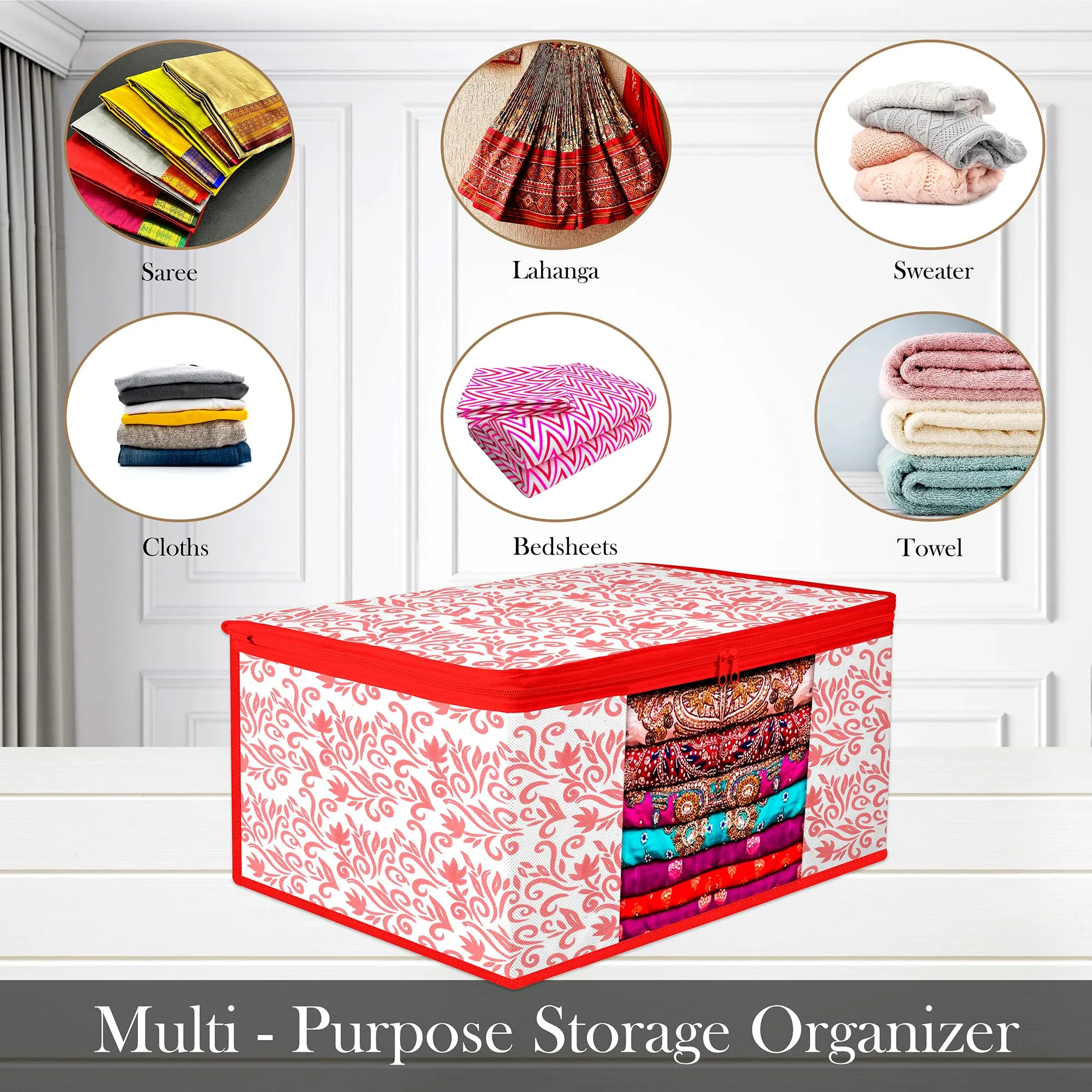 Kuber Industries Saree Cover | Zip Closure Saree Cover | Clothes Storage Bag | Wardrobe Organiser | Transparent Window Saree Cover | Leaf-Design | 9 inch | Pack of 9 | Red