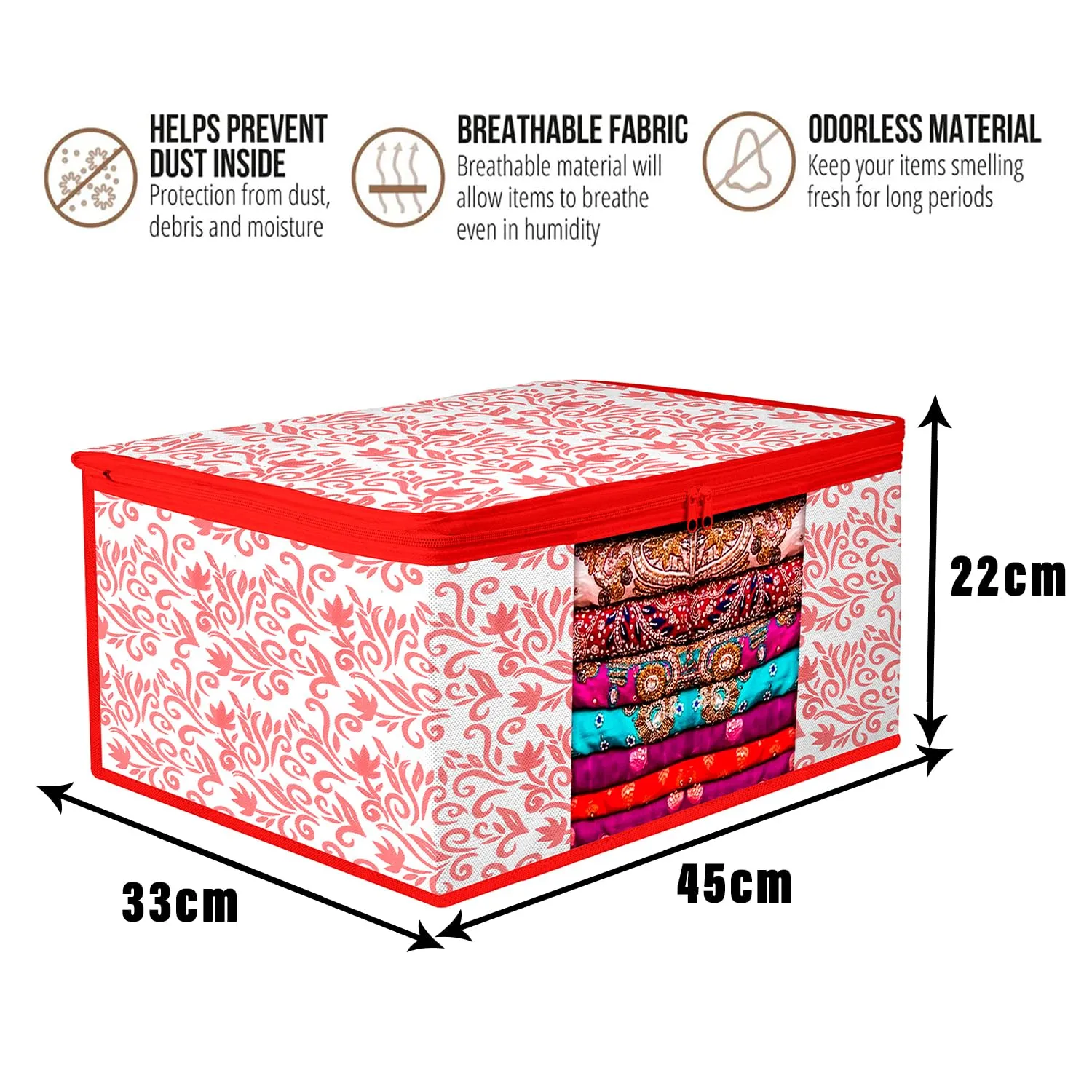 Kuber Industries Saree Cover | Zip Closure Saree Cover | Clothes Storage Bag | Wardrobe Organiser | Transparent Window Saree Cover | Leaf-Design | 9 inch | Pack of 9 | Red