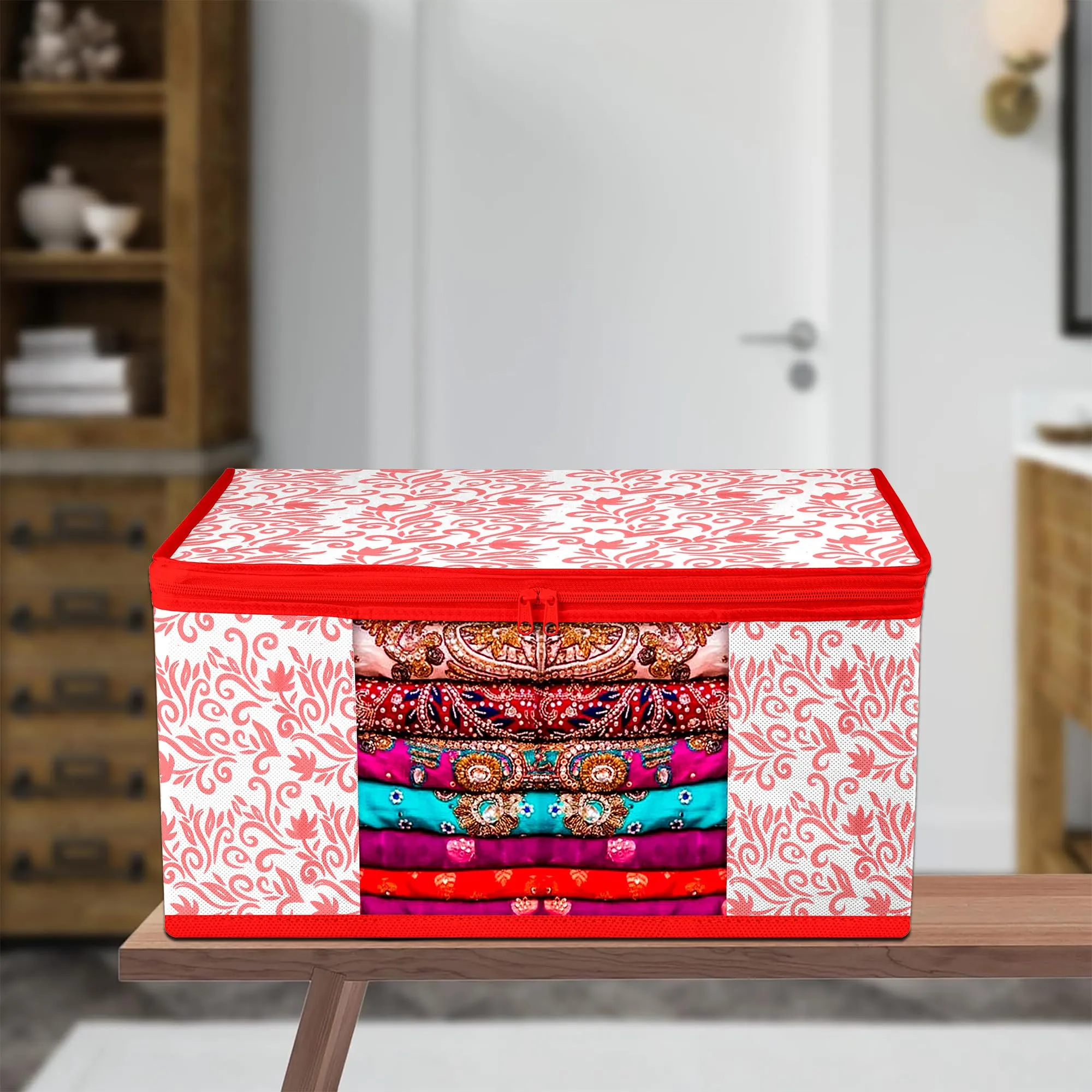 Kuber Industries Saree Cover | Zip Closure Saree Cover | Clothes Storage Bag | Wardrobe Organiser | Transparent Window Saree Cover | Leaf-Design | 9 inch | Pack of 9 | Red
