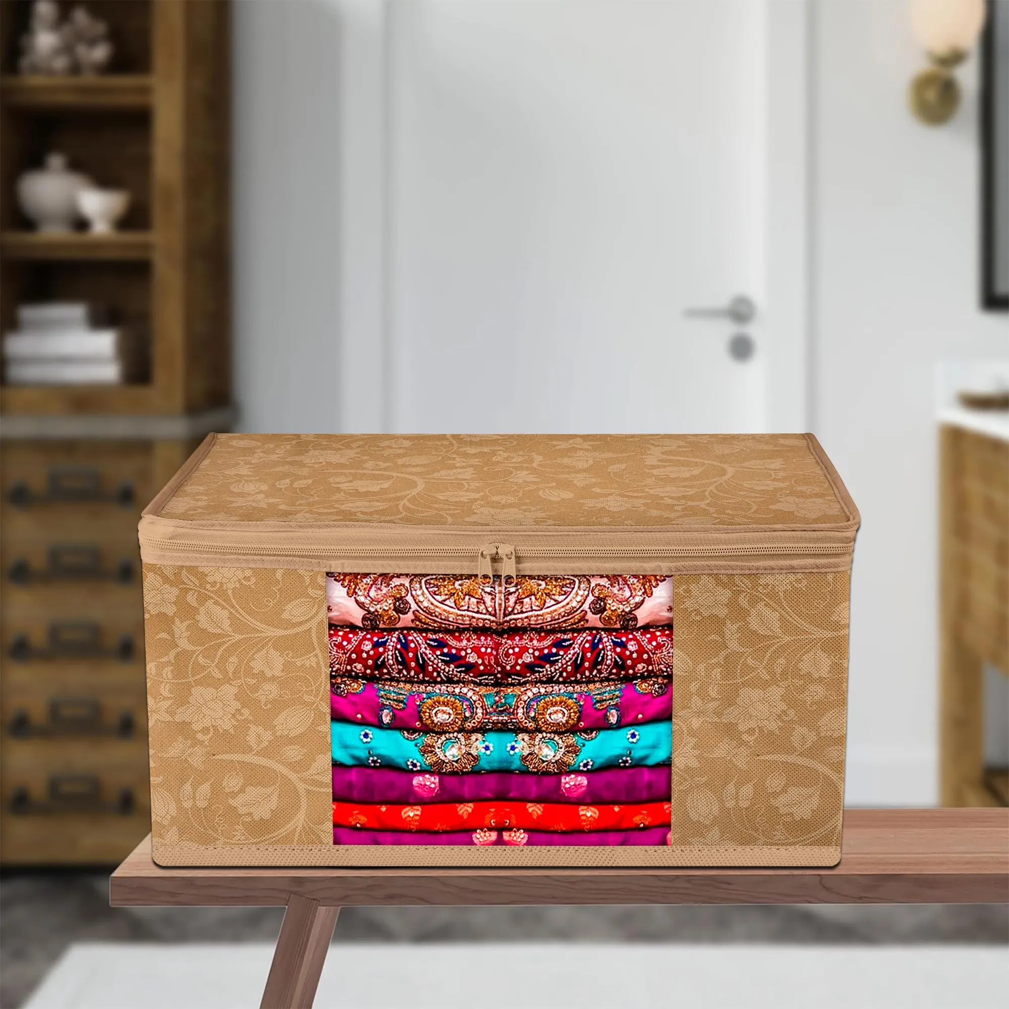 Kuber Industries Saree Cover | Zip Closure Saree Cover | Clothes Storage Bag | Wardrobe Organiser | Transparent Window Saree Cover | New Flower-Design | 9 inch | Pack of 12 | Brown