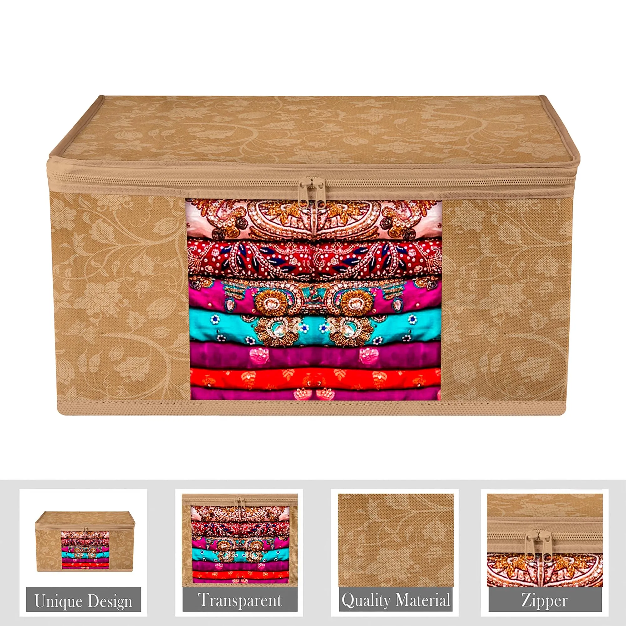 Kuber Industries Saree Cover | Zip Closure Saree Cover | Clothes Storage Bag | Wardrobe Organiser | Transparent Window Saree Cover | New Flower-Design | 9 inch | Pack of 12 | Brown