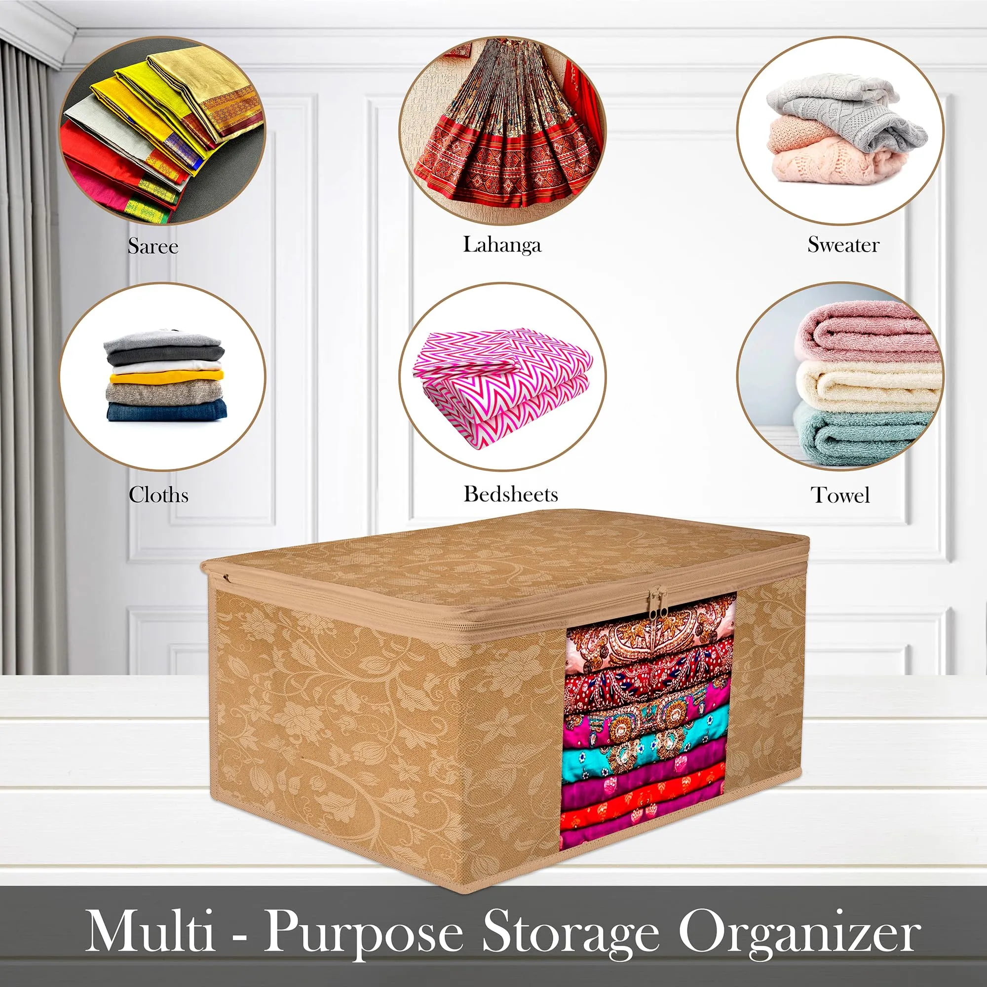 Kuber Industries Saree Cover | Zip Closure Saree Cover | Clothes Storage Bag | Wardrobe Organiser | Transparent Window Saree Cover | New Flower-Design | 9 inch | Pack of 12 | Brown