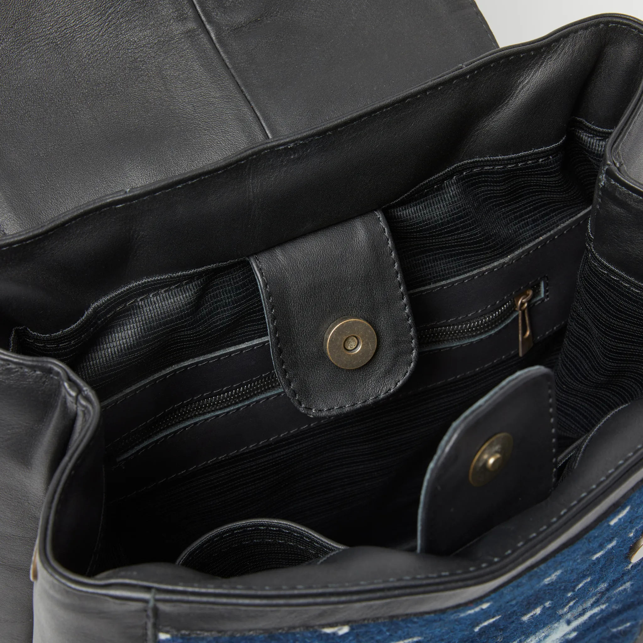 Leather Backpack from Mexico with Hand-Dyed Wool - Black, Blue, Light Blue