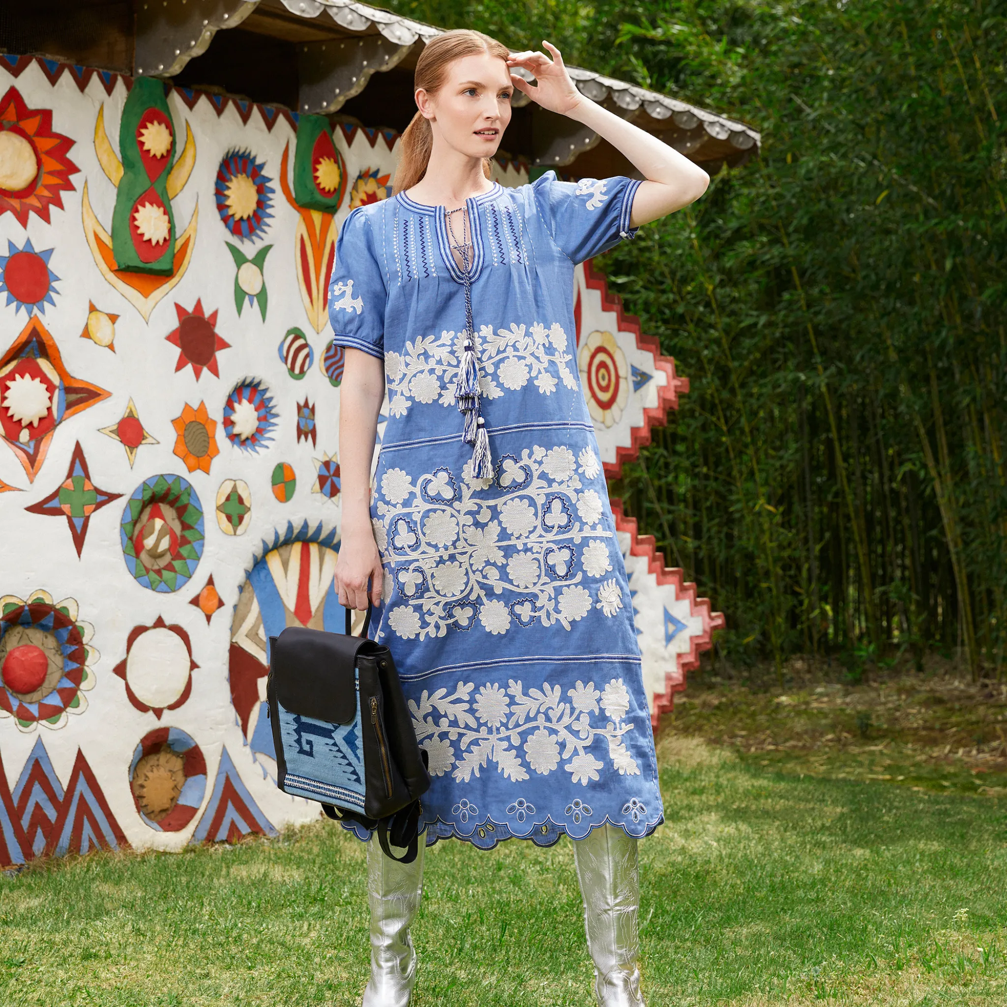 Leather Backpack from Mexico with Hand-Dyed Wool - Black, Blue, Light Blue