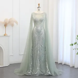 Luxury Sage Green Evening Dress with Cape Sleeves SS049