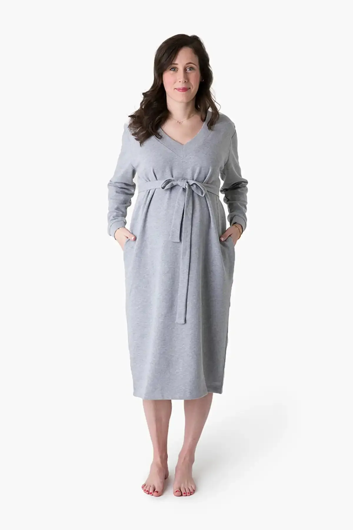 Maternity V-Neck Midi Dress_Heather Grey