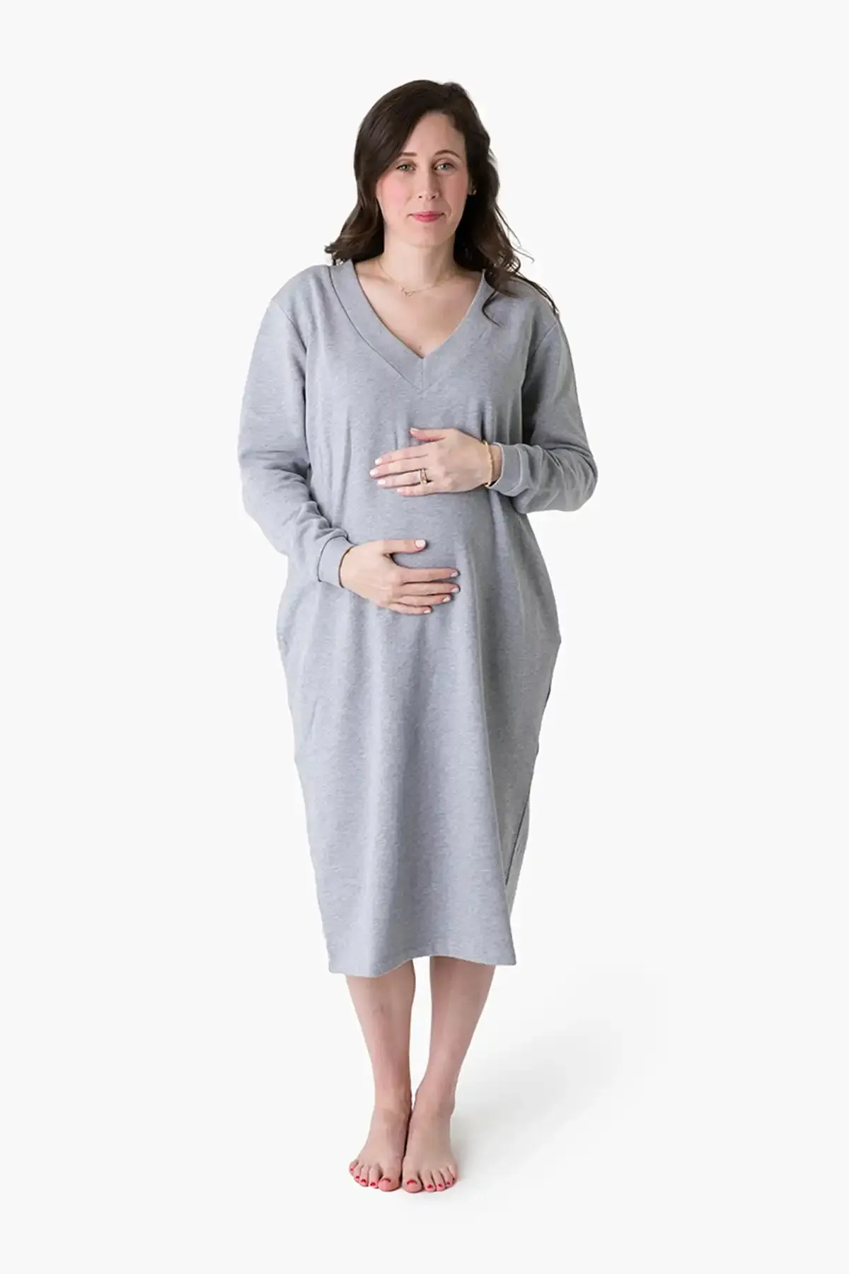Maternity V-Neck Midi Dress_Heather Grey