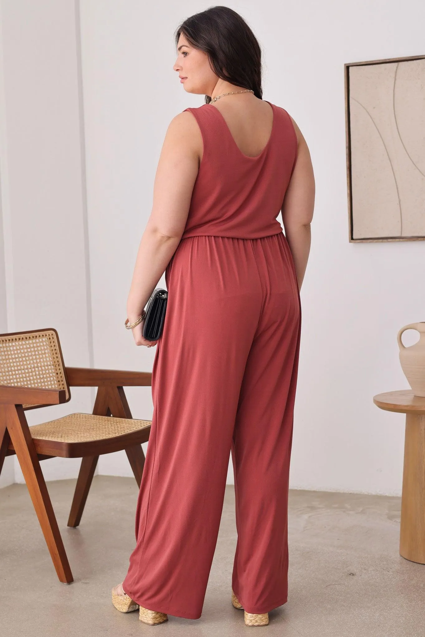 Plus Size Solid Cowl Neck Wide Long Leg Jumpsuits